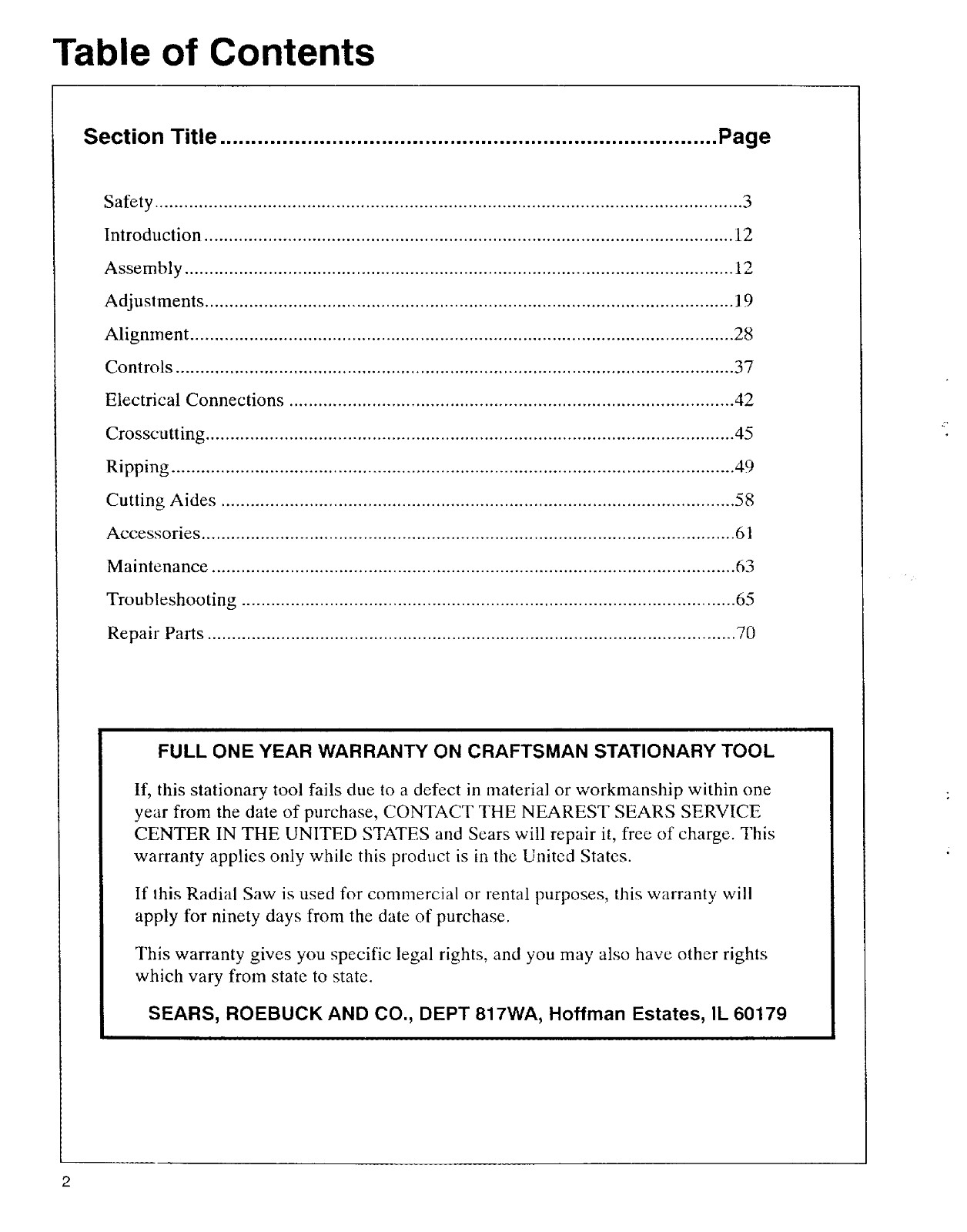 Sears Craftsman 10&Prime; Radial Saw 113.196380 Instruction Manual: 80 Pages
