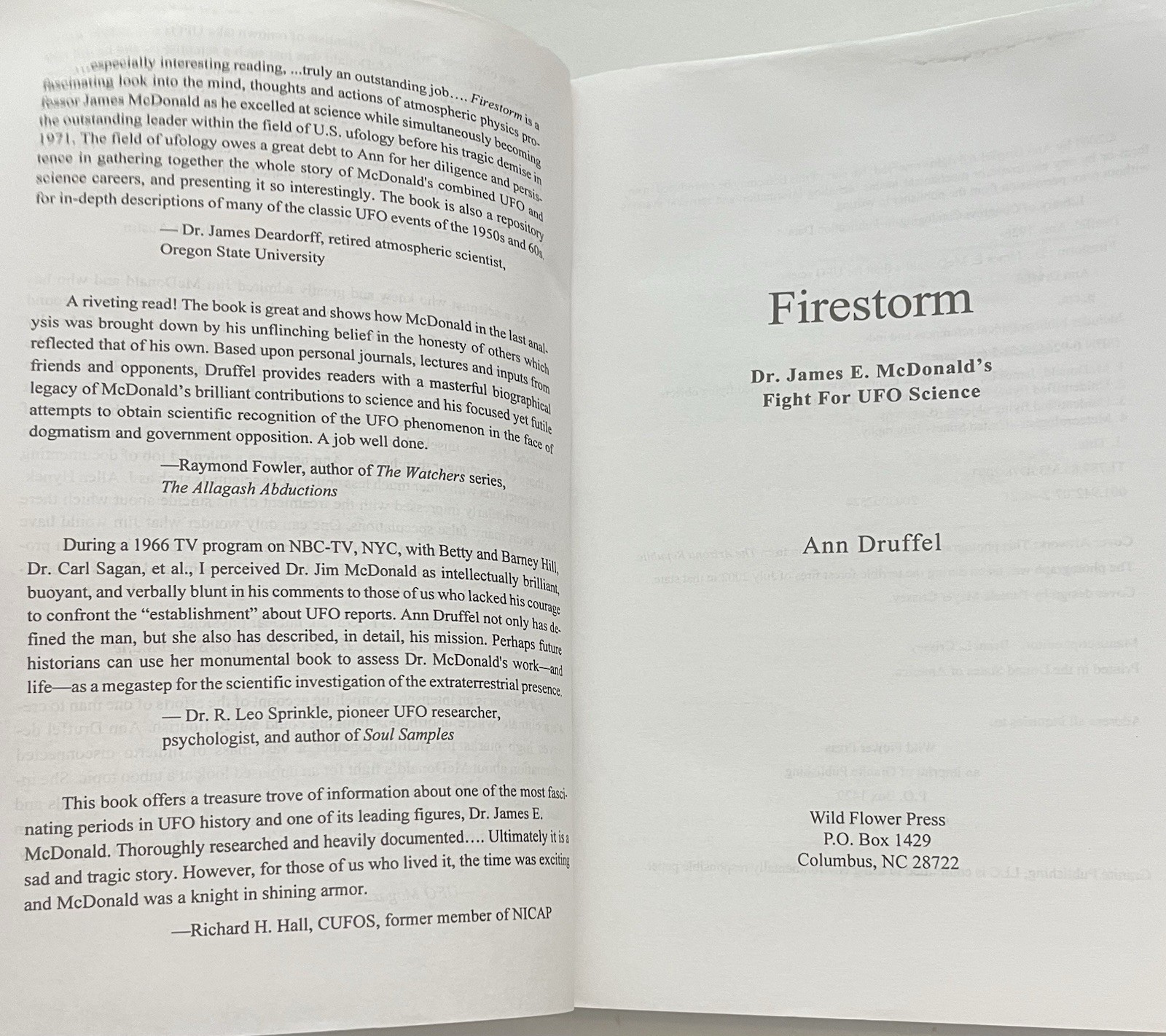 Firestorm : Dr. James E. McDonald&rsquo;s Fight for UFO Science by Ann Druffel (2003,