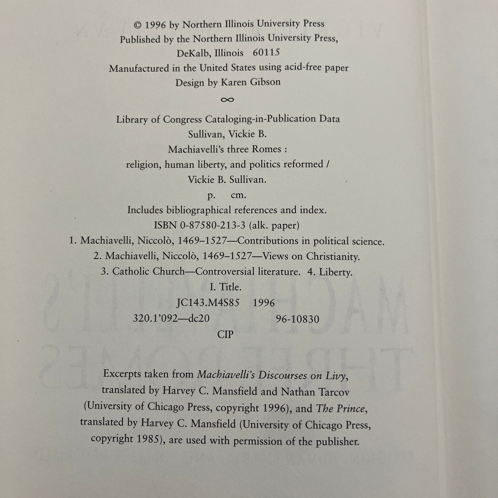 Machiavelli&rsquo;s Three Romes HCDJ 1996 Ex-Library Vickie Sullivan Religion Liberty