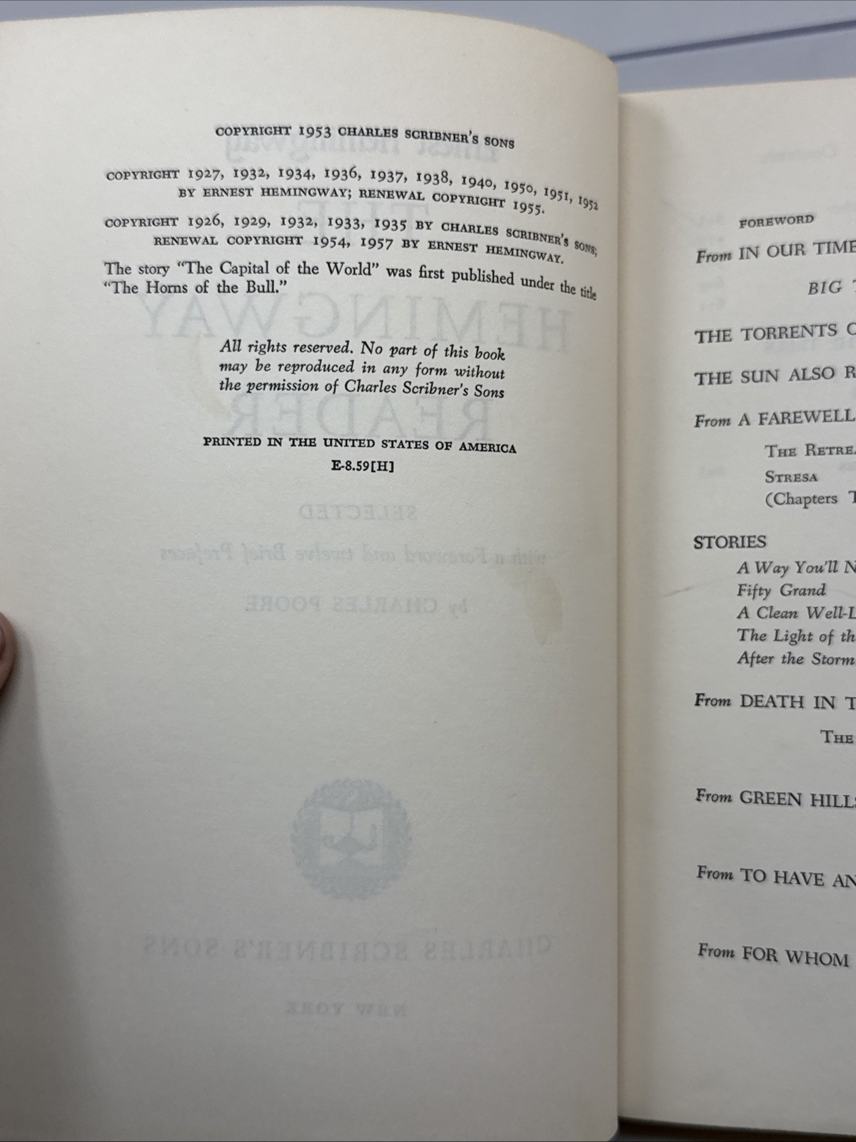 The Hemingway Reader by Charles Poore 1953 Charles Scribner&rsquo;s Sons HC no DJ