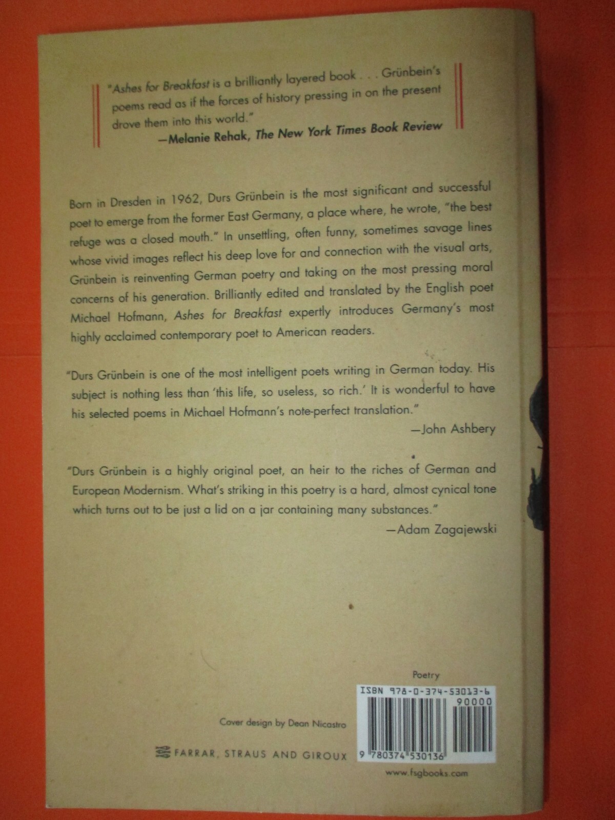 Ashes for Breakfast: Selected Poems by Durs Grunbein, SC in German & English
