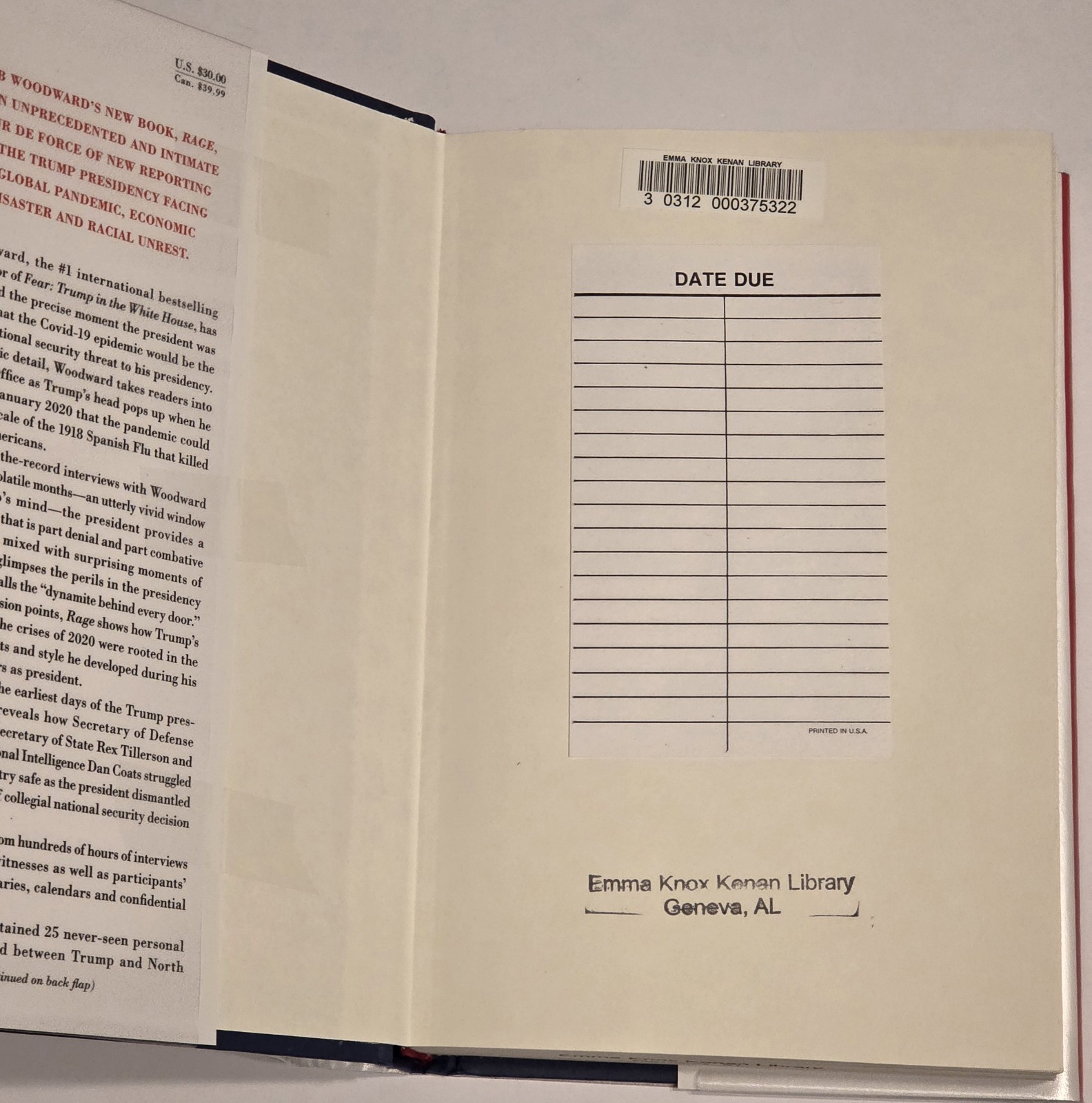 Rage Bob Woodward 1st/1st Edition (2020, HC) w/ Plastic Dust Jacket Ex Libris