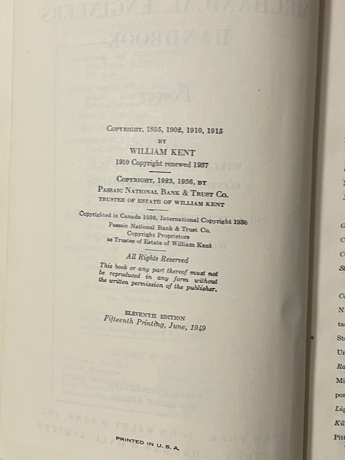 Kent&rsquo;s Mechanical Engineers&rsquo; Handbook, 11th Edition, Power, 15th Printing 1949