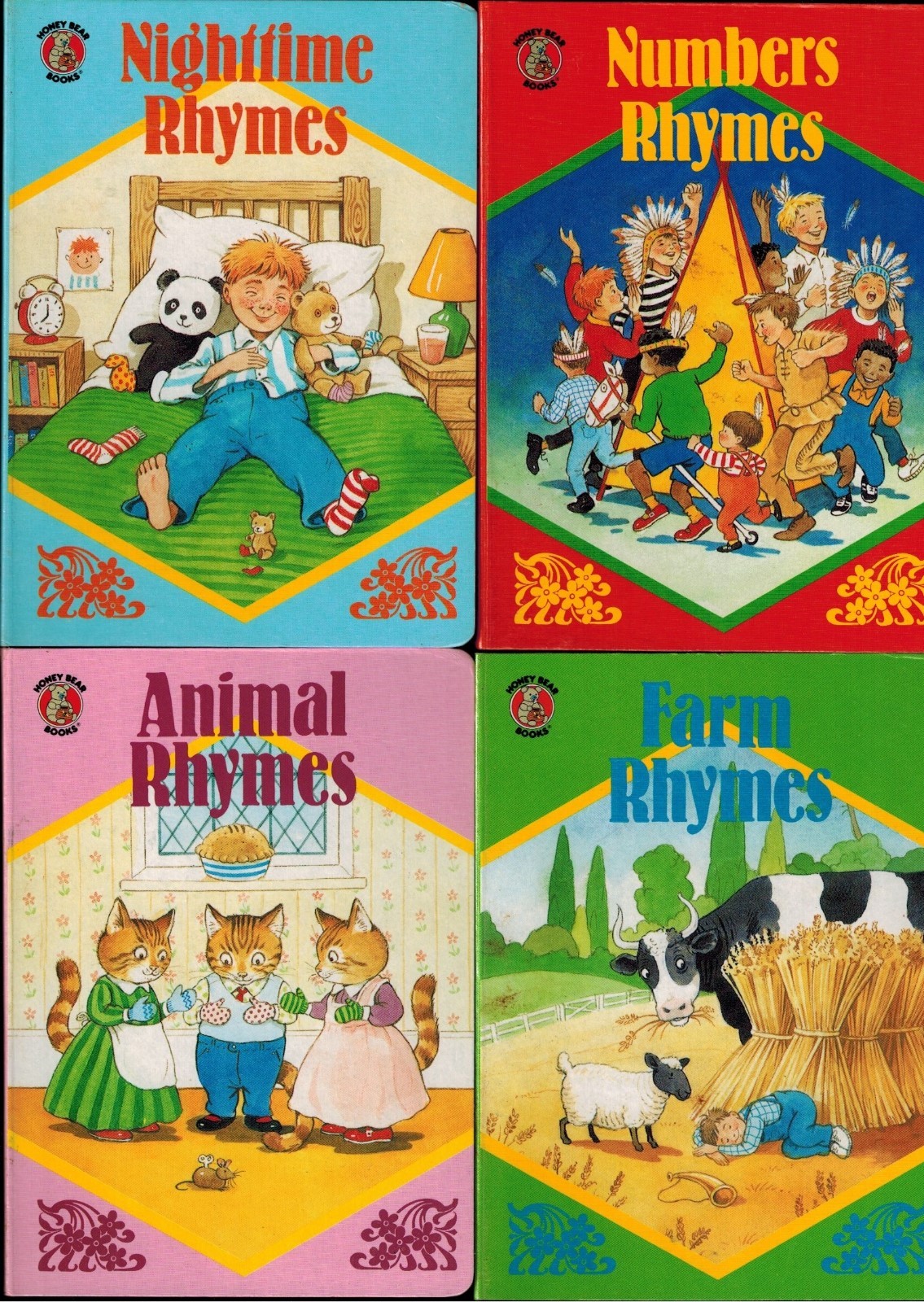 1989 Boxed 4 Honey Bear Board Books Nursery Rhymes, Animal Farm Number Rhymes