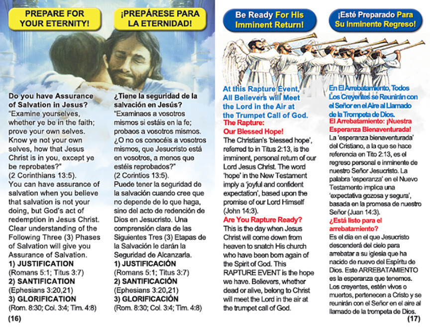 ENGLISH & SPANISH, RAPTURE BIBLE Tracts, 40 Units in 2 Covers, 20 Pages Each