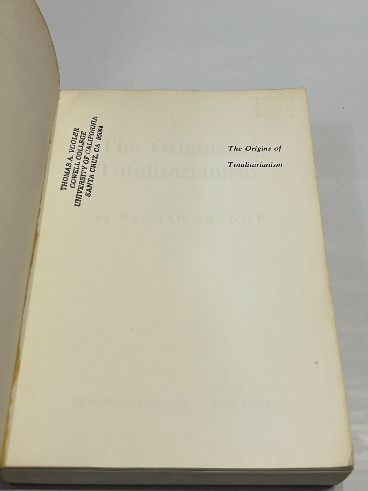 The Origins of Totalitarianism Hannah Arendt Fourth Printing 1960 PB Used Book