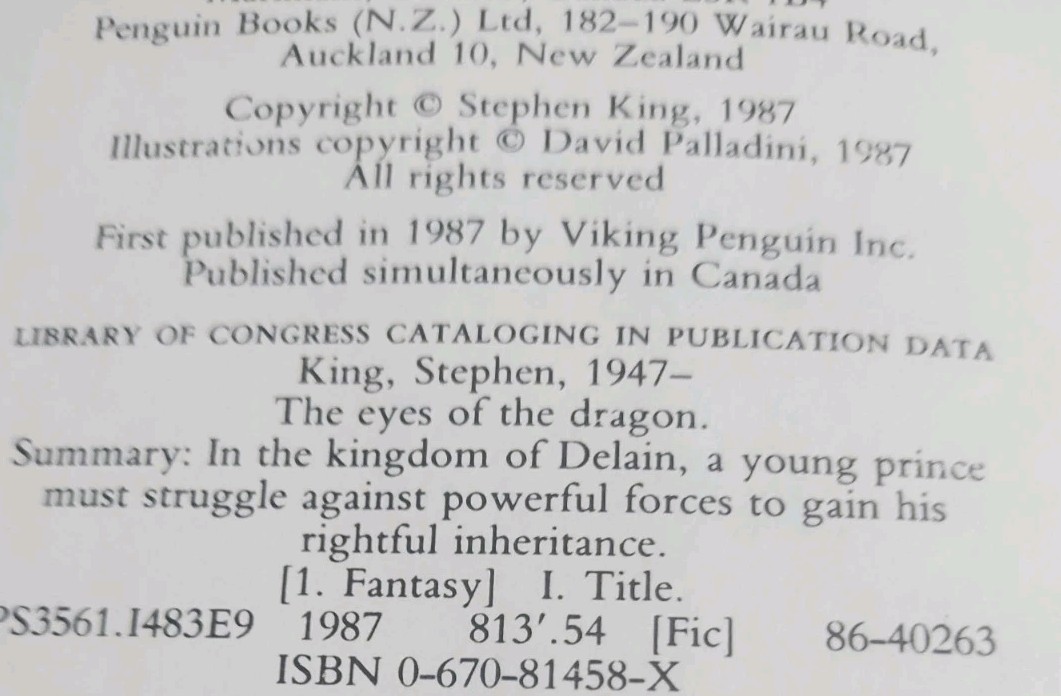 Stephen King&rsquo;s The Eyes of the Dragon first edition (US 1987 Viking)