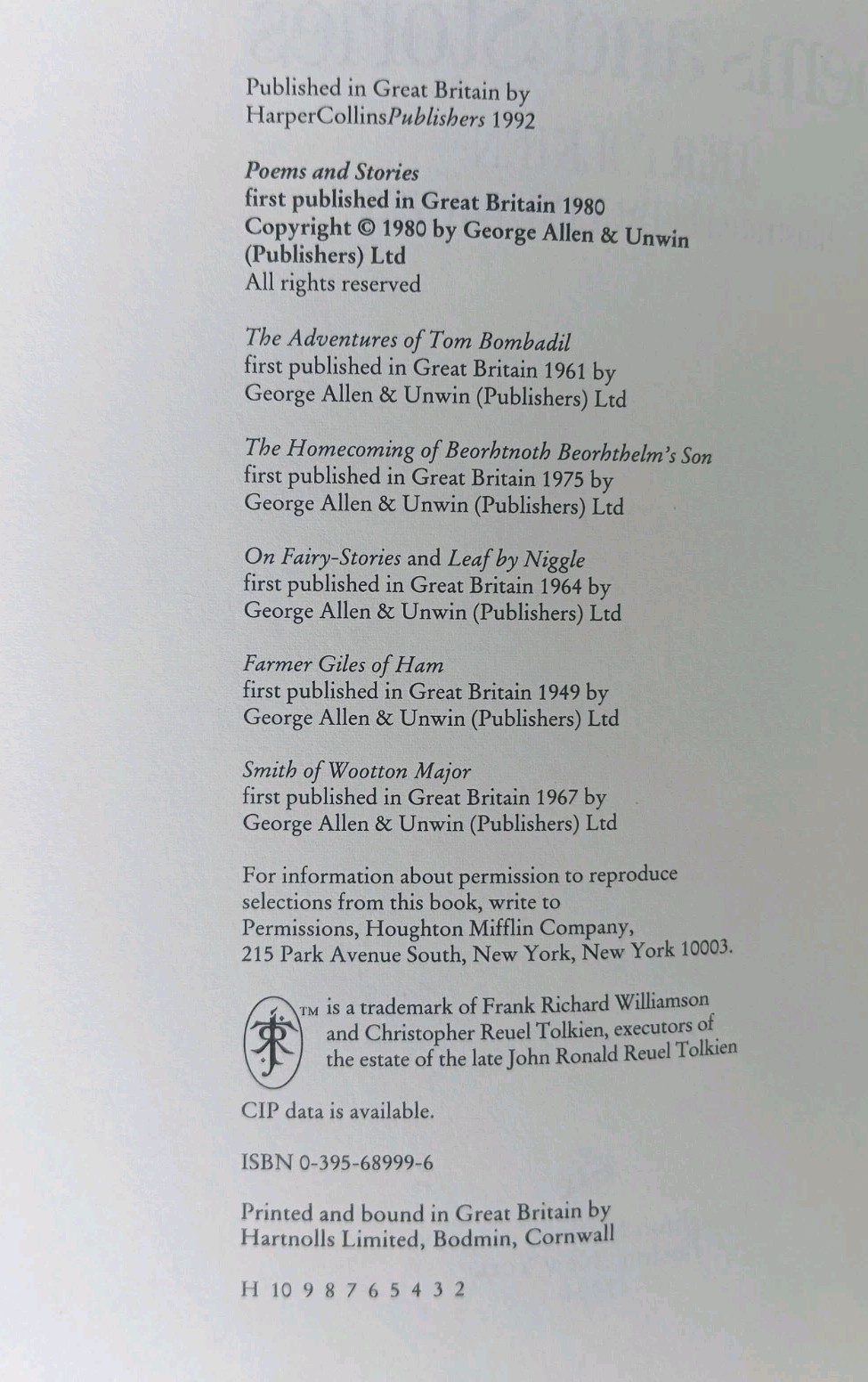 Poems and Stories by J. R. R. Tolkien 1992 1st Ed/2nd Print HC DJ Very Good