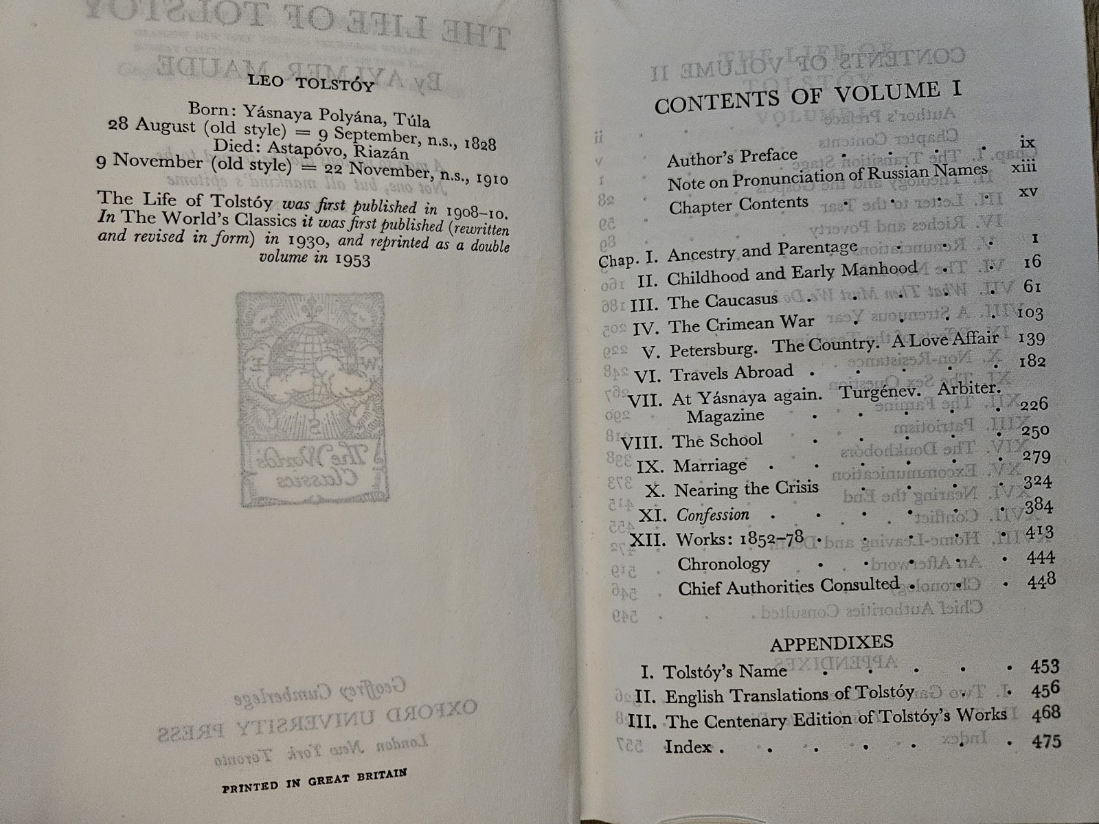 Vintage The Life of Leo Tolstoy Aylmer Maude 383 World&rsquo;s Classics Oxford HC 1953