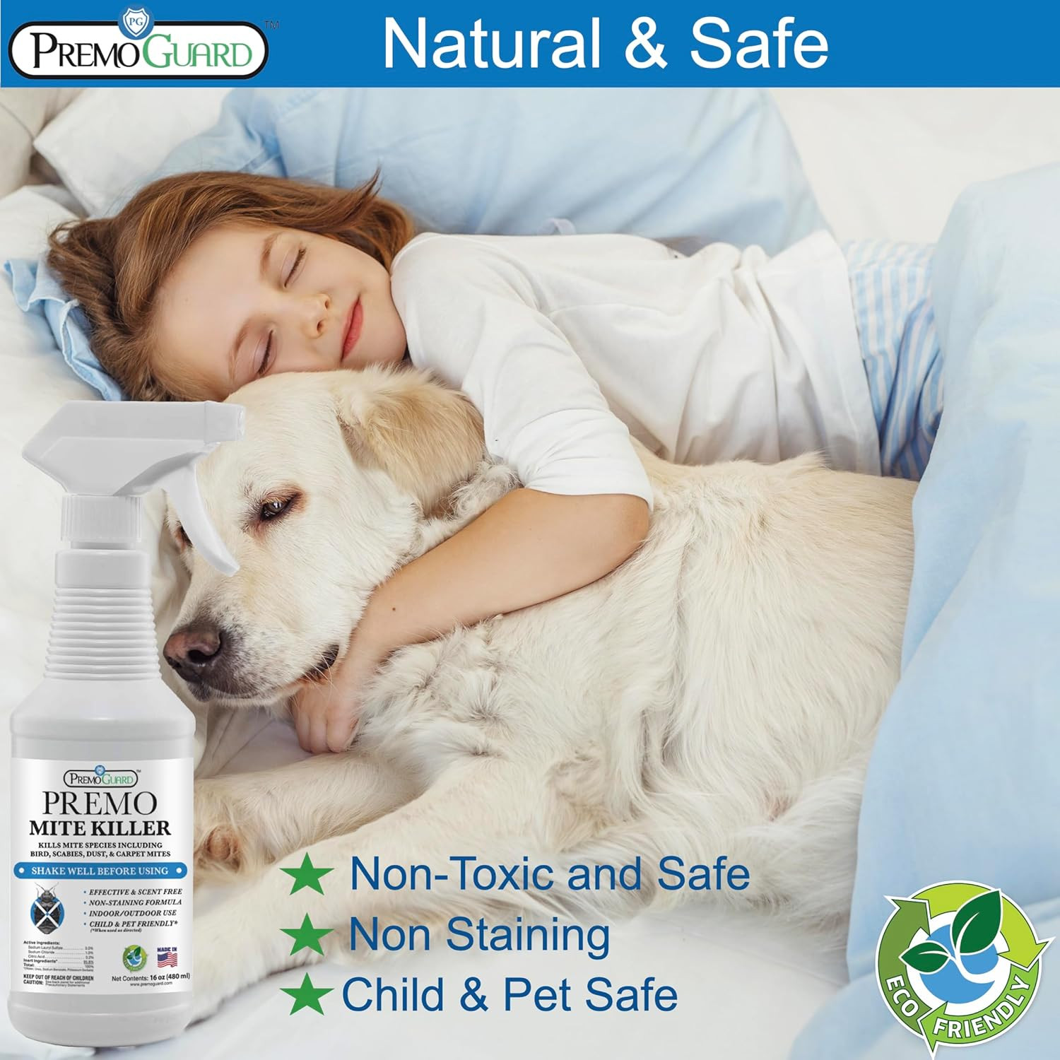Premo Guard Natural Mite Spray – 16 Oz Bottle – Plant Based Treatment for Dust,