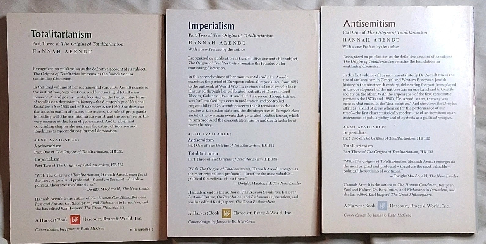 Hannah Arendt The Origins of Totalitarianism Trilogy PB Set 1970 HB 131-133