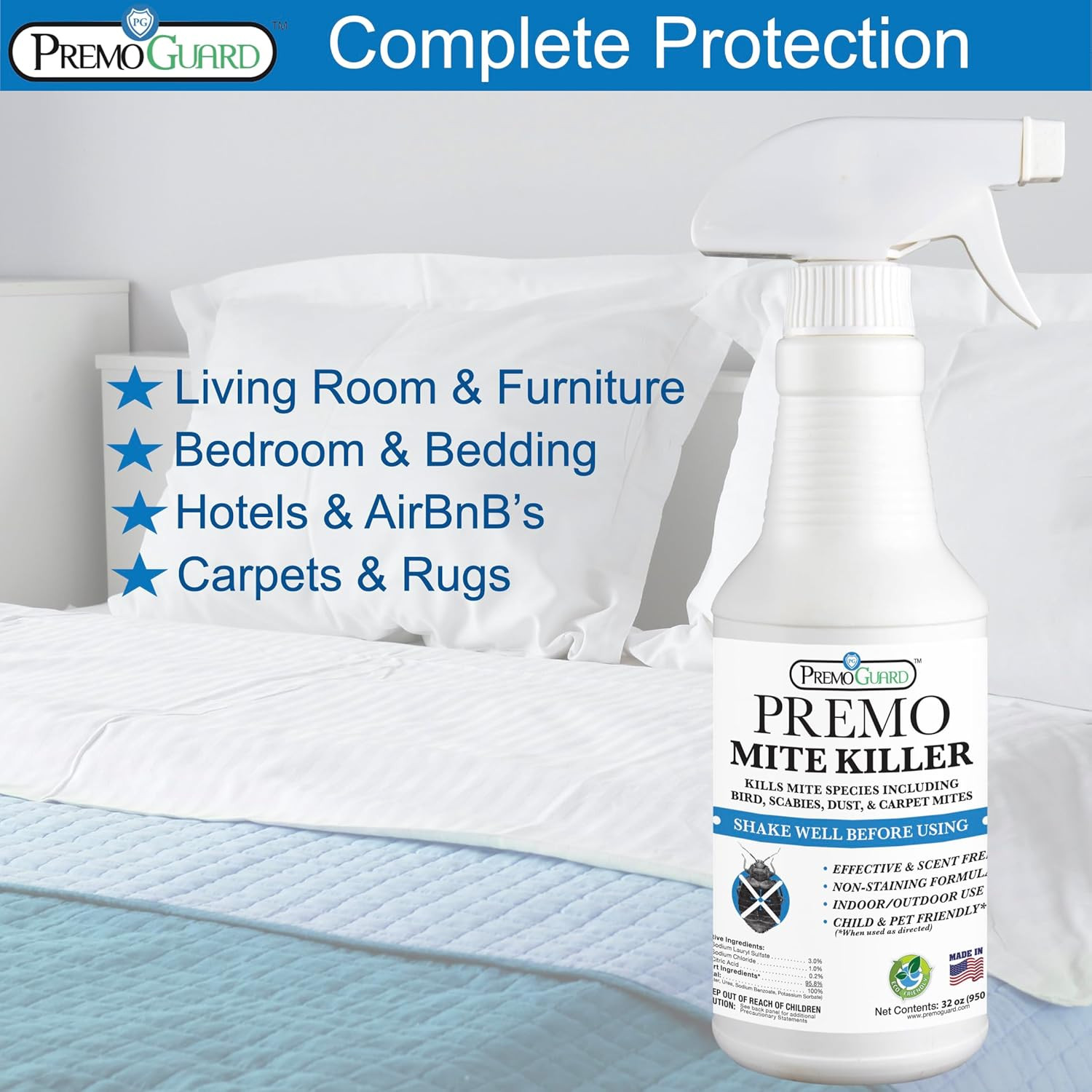 Premo Guard Natural Mite Spray – 16 Oz Bottle – Plant Based Treatment for Dust,