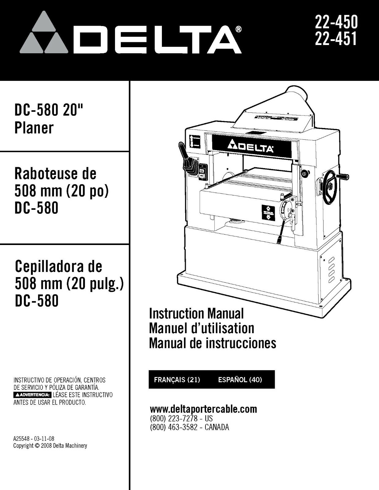 Delta DC-580 20&Prime; Planer 22-450 22-451 Instruction Manual SPIRAL BOUND