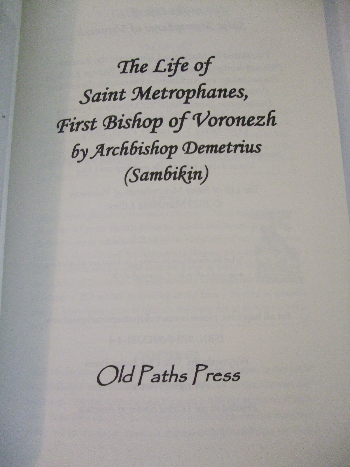 Life and Testament of St. Metrophanes, First Bishop of Voronezh. Orthodox. SALE