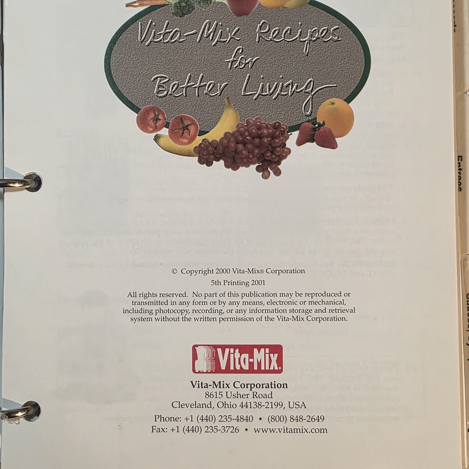 Vita-Mix Whole Food Recipes 3-Ring Binder and Owner&rsquo;s Manual 2000 USA