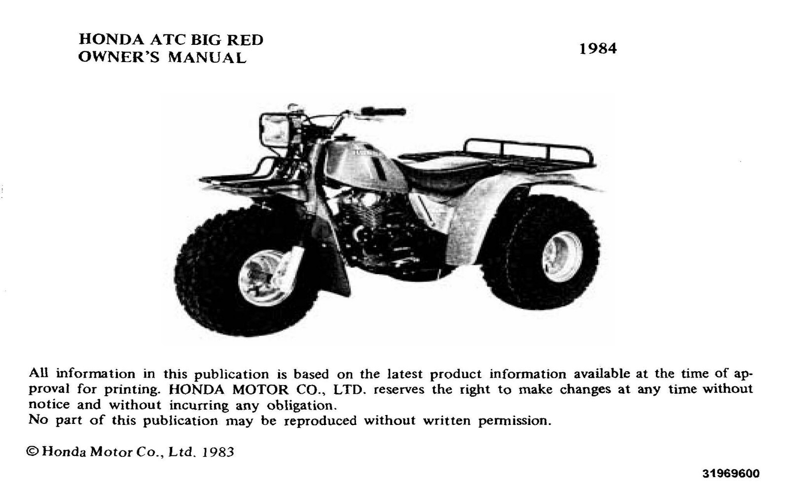 1984 Honda ATC200ES Big Red Owner&rsquo;s Manual 74 Pages