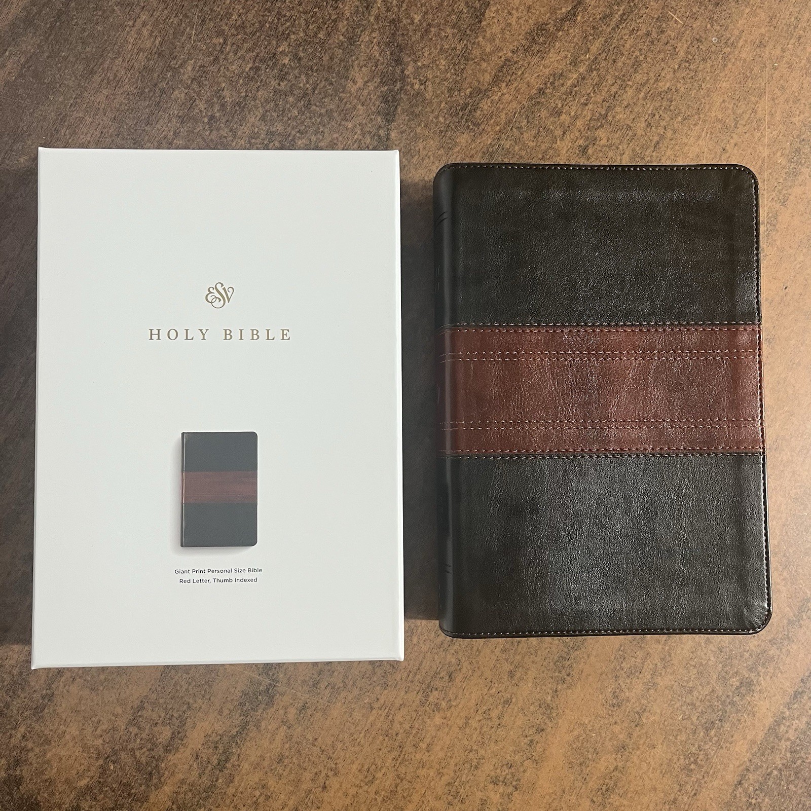 ESV Giant Print Personal Size Bible Thumb Indexed – Forest / Tan Trail TruTone