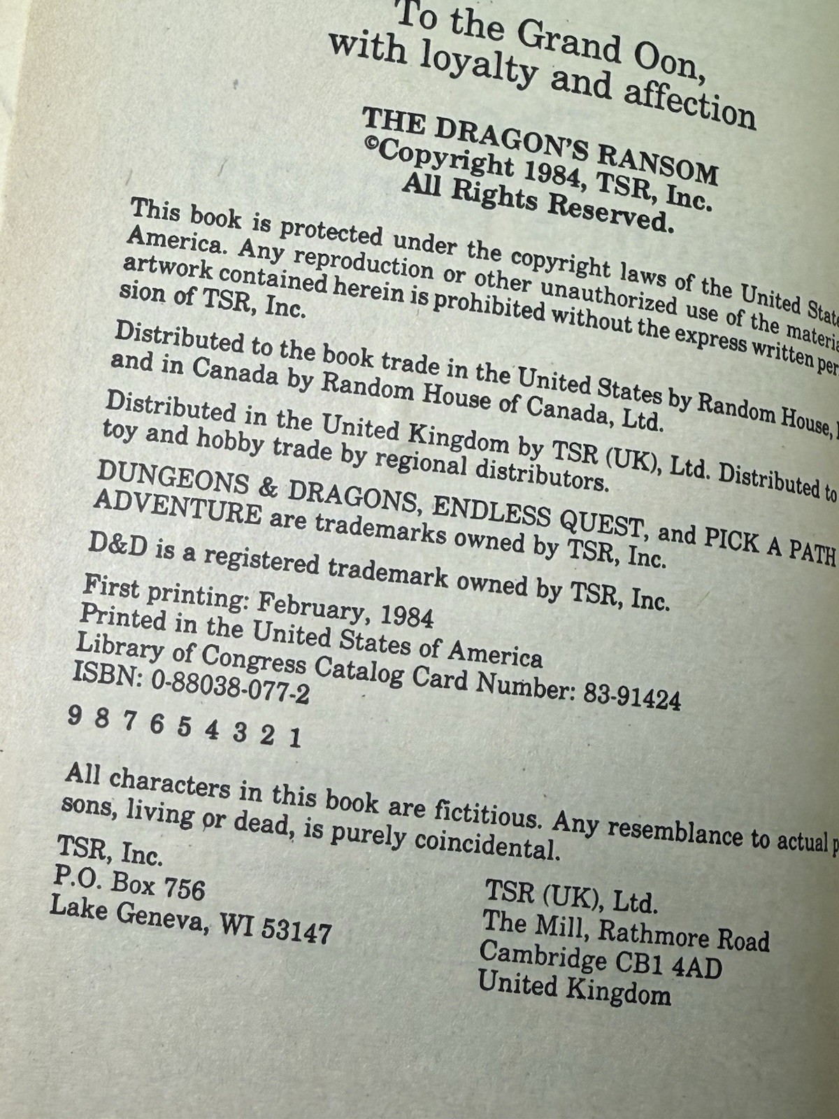The Dragon&rsquo;s Ransom Dungeons & Dragons Endless Quest Book 16 TSR 1st Printing 84