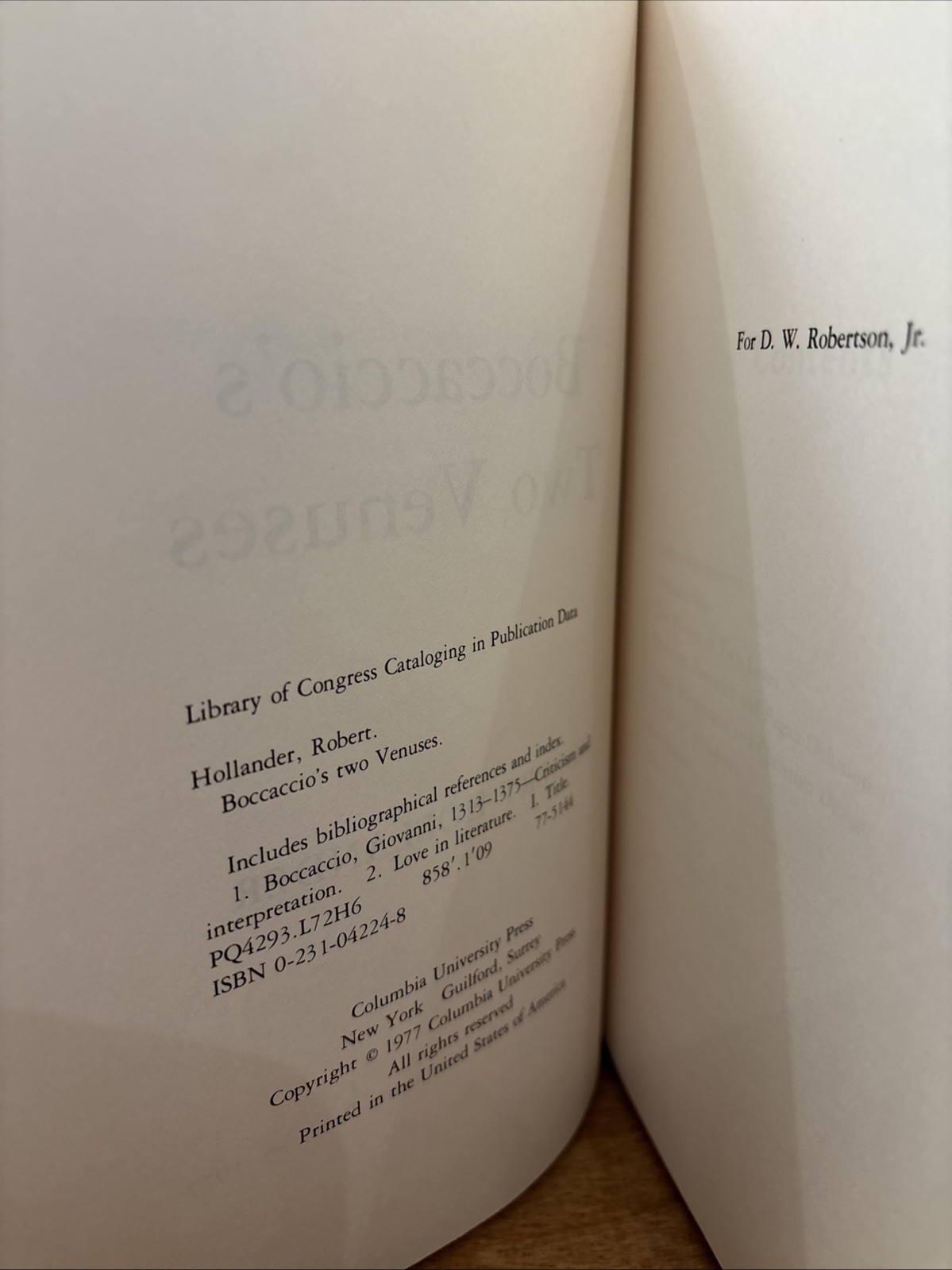 BOCCACCIO&rsquo;S TWO VENUSES By Robert Hollander – Hardcover *Excellent Condition*