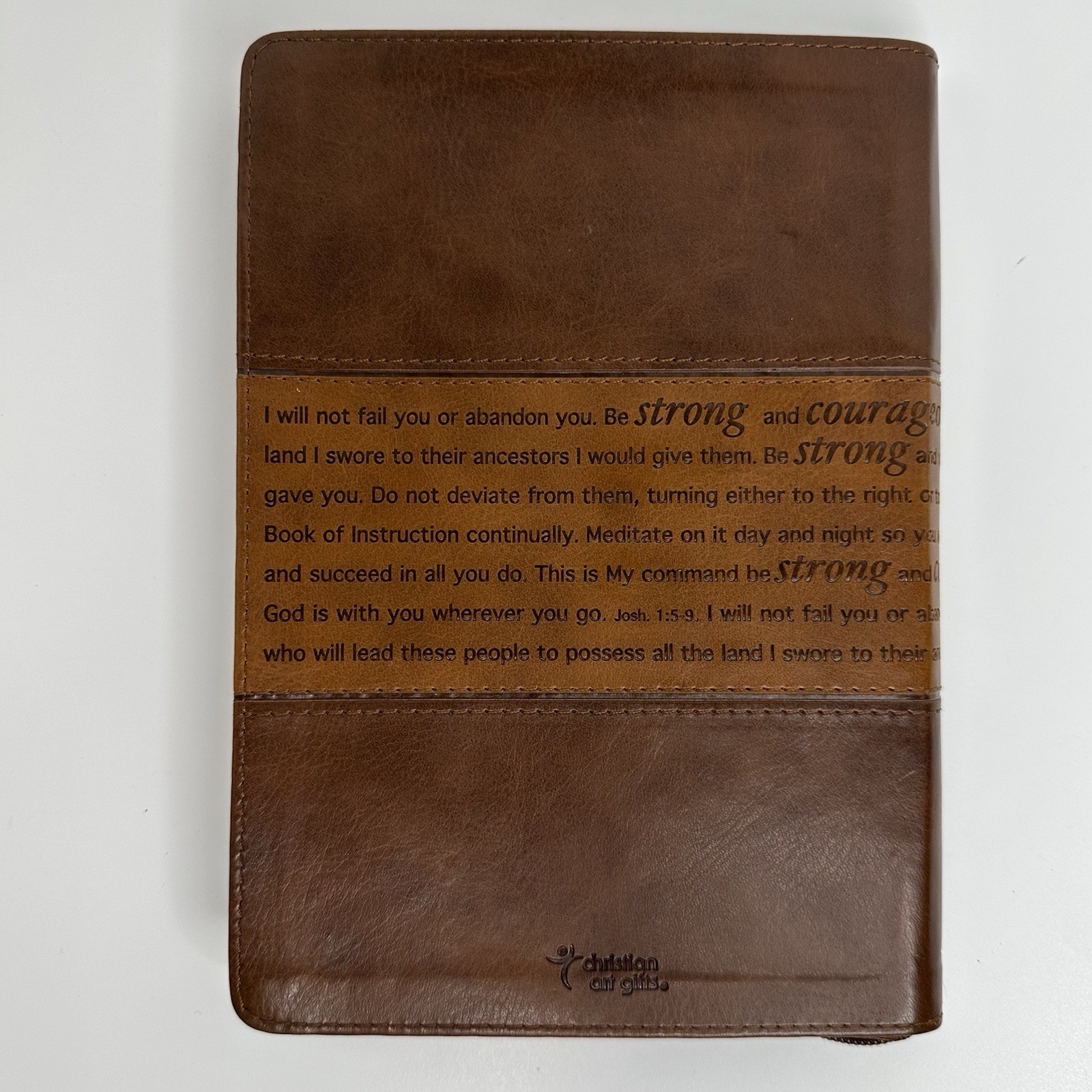 Strong & Courageous Journal Brown Vegan Leather Zip Lined Christian Art Gifts