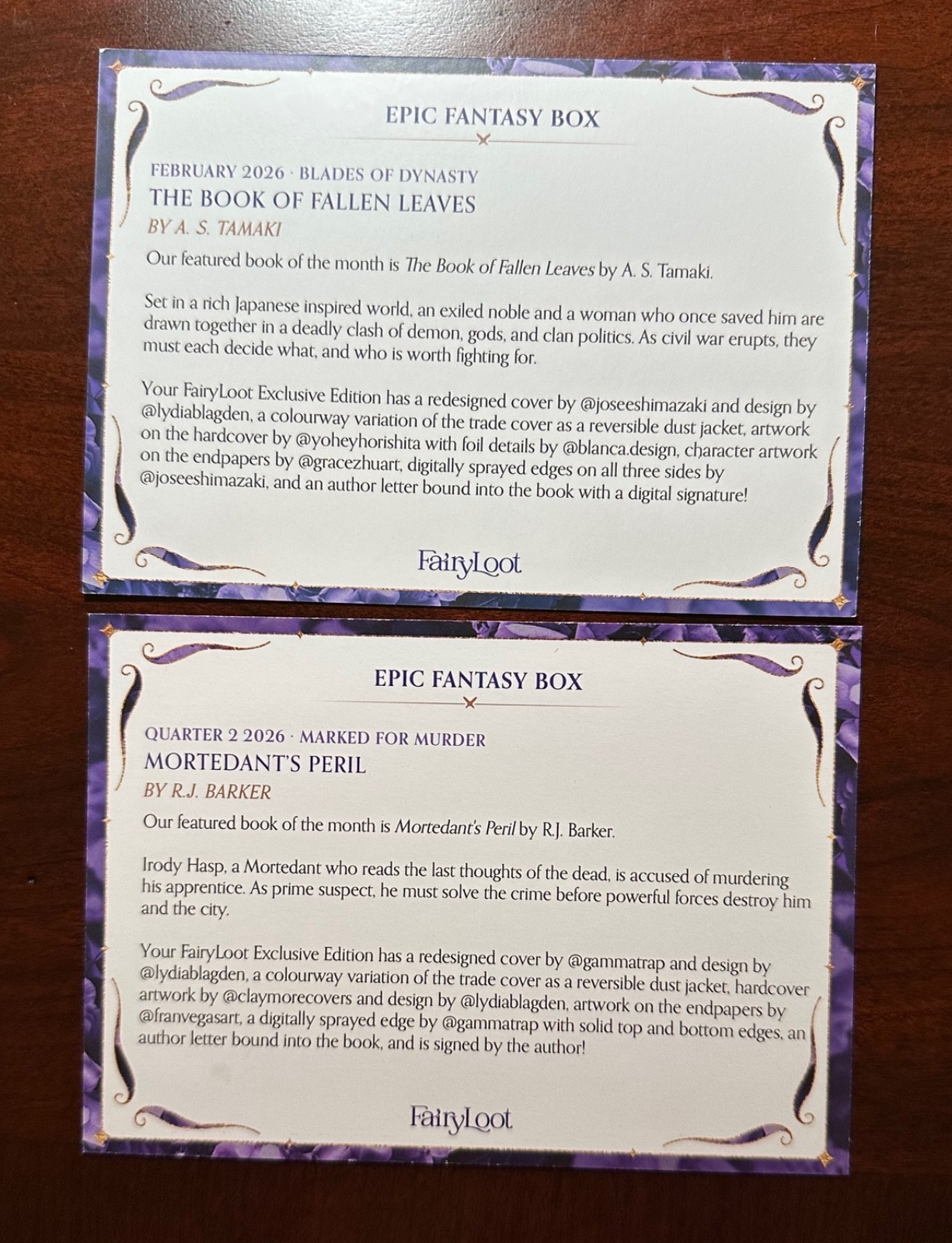 FairyLoot: Book of Fallen Leaves by AS Tamaki & Mortedant&rsquo;s Peril by RJ Barker