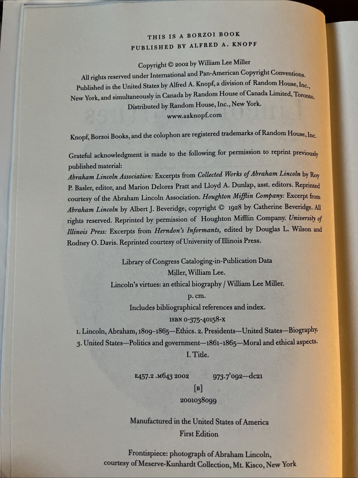 Lincoln&rsquo;s Virtues by William Lee Miller (2002, Hardcover, First Ed/1st Printing)