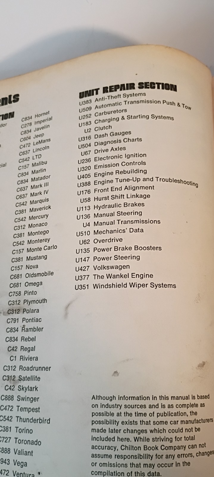 Chilton&rsquo;s Auto Repair Manual Book; American Cars from 1966 to 1973