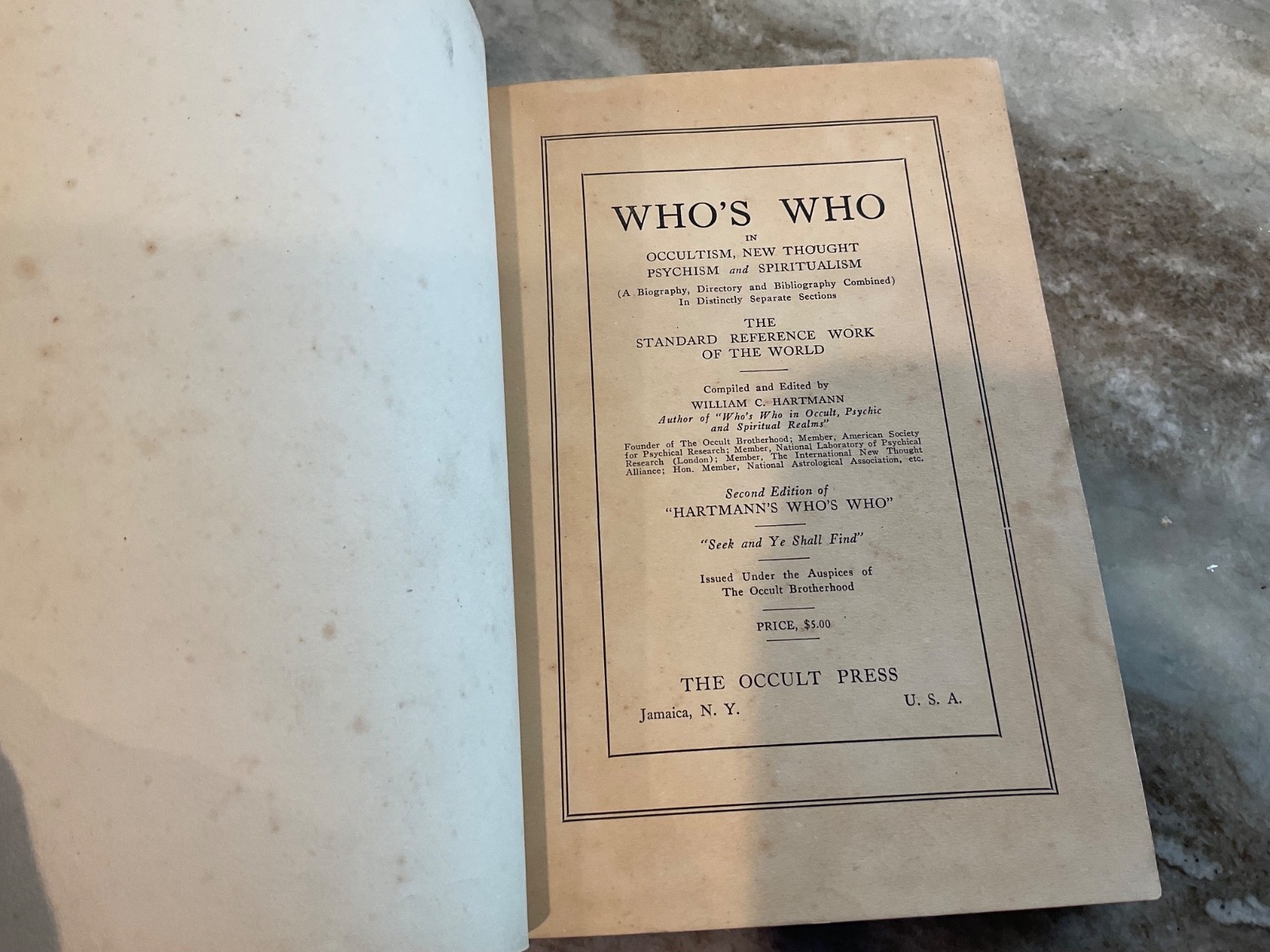 HARTMANN&rsquo;S WHO&rsquo;S WHO in OCCULTISM , NEW THOUGHT PSYCHISM ..1927 2nd Ed. HC Rare