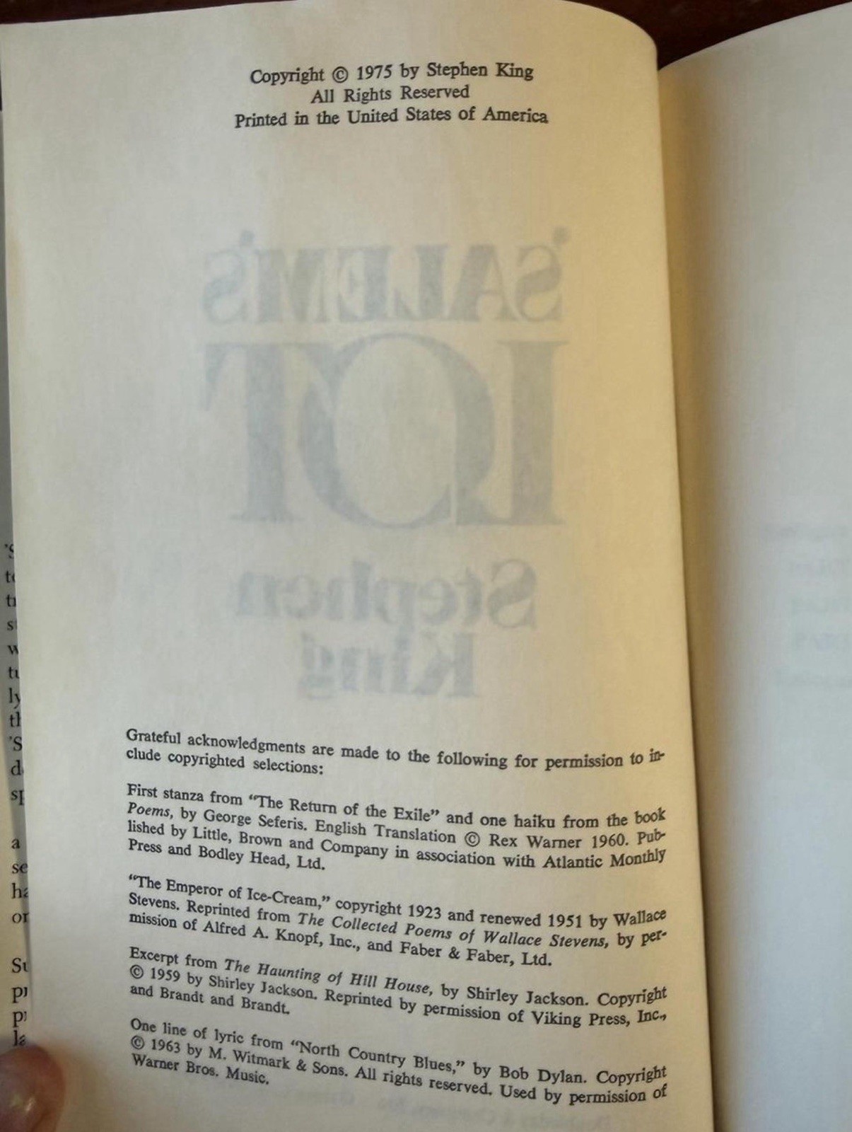 1975 SALEM&rsquo;S LOT Stephen King Hardcover First Book Club Edition BCE