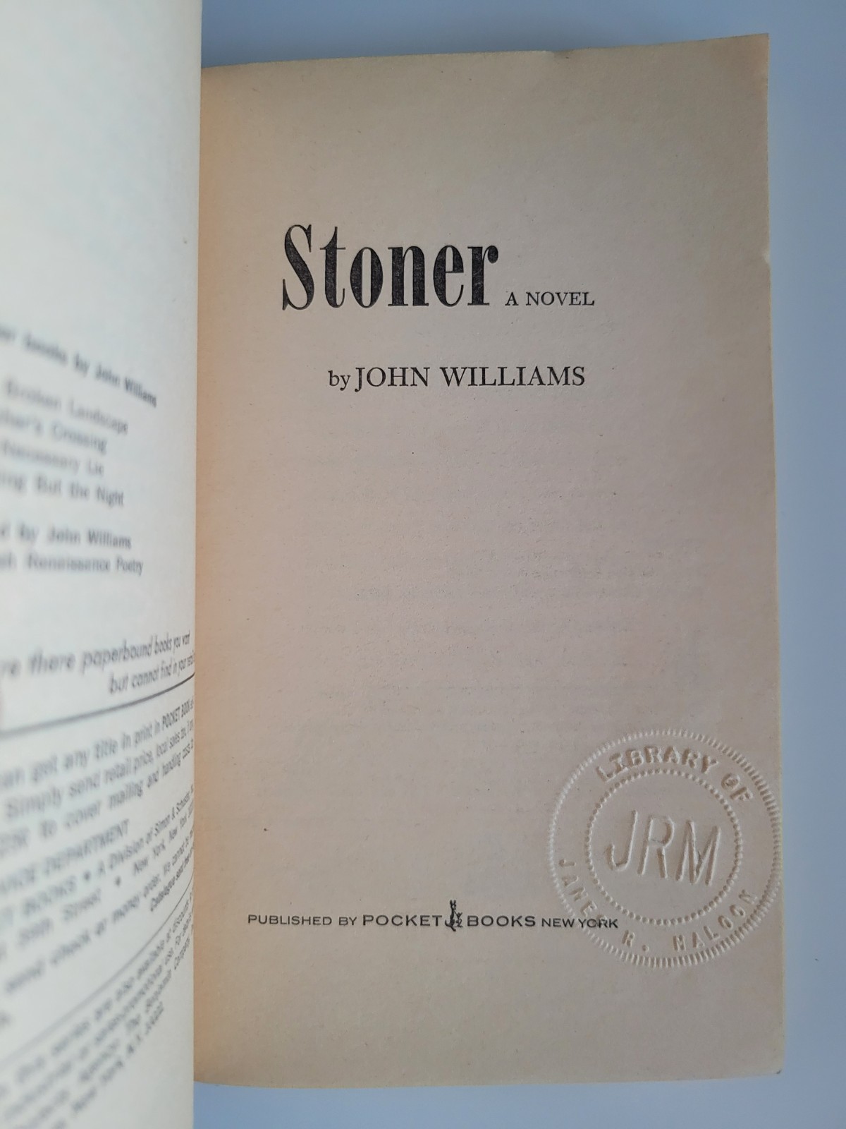 1972 STONER JOHN WILLIAMS POCKET BOOKS PAPERBACK EARLY 1ST PRINTING VERY RARE VG