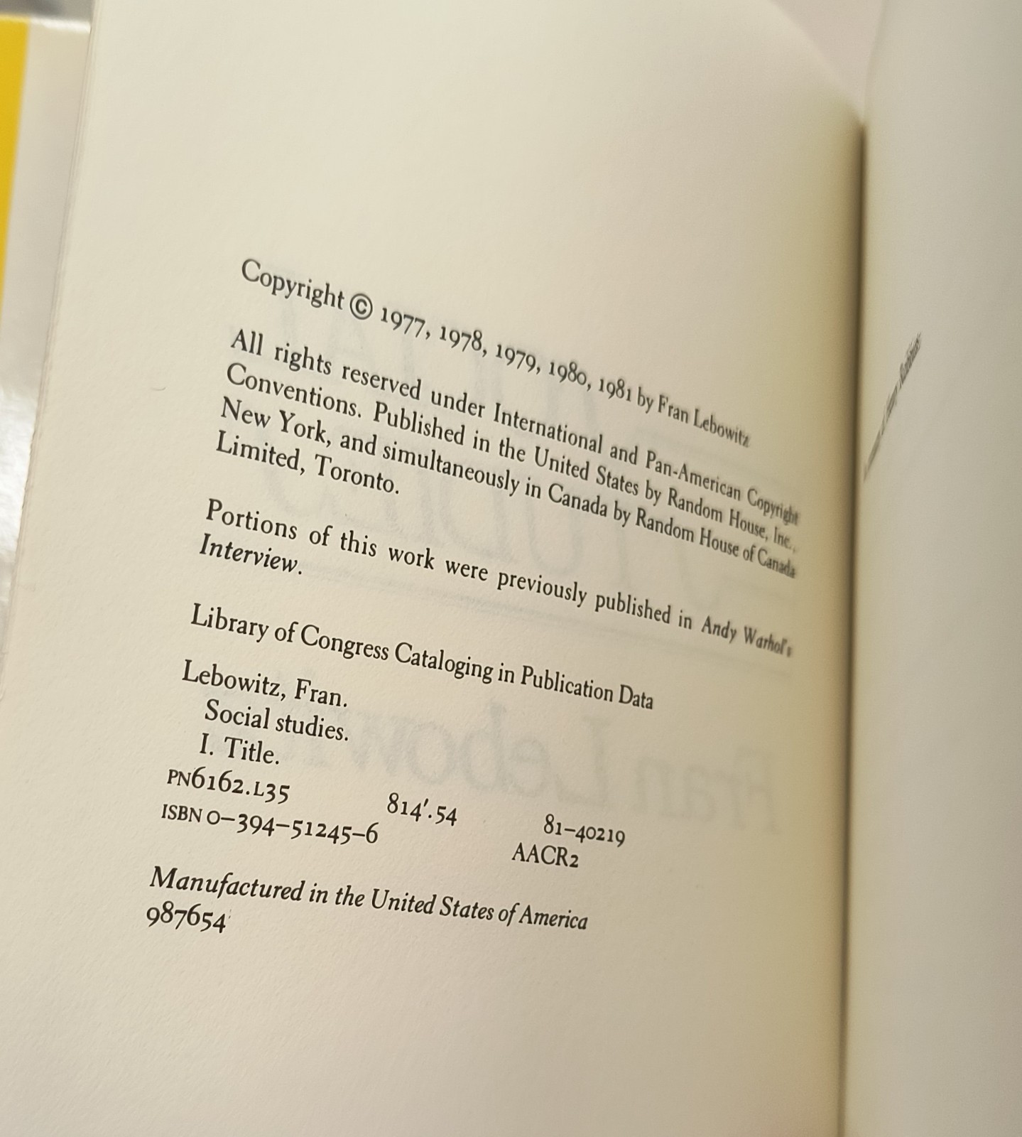 Social Studies Fran Lebowitz 4th Printing 1981 HCDJ Unclipped