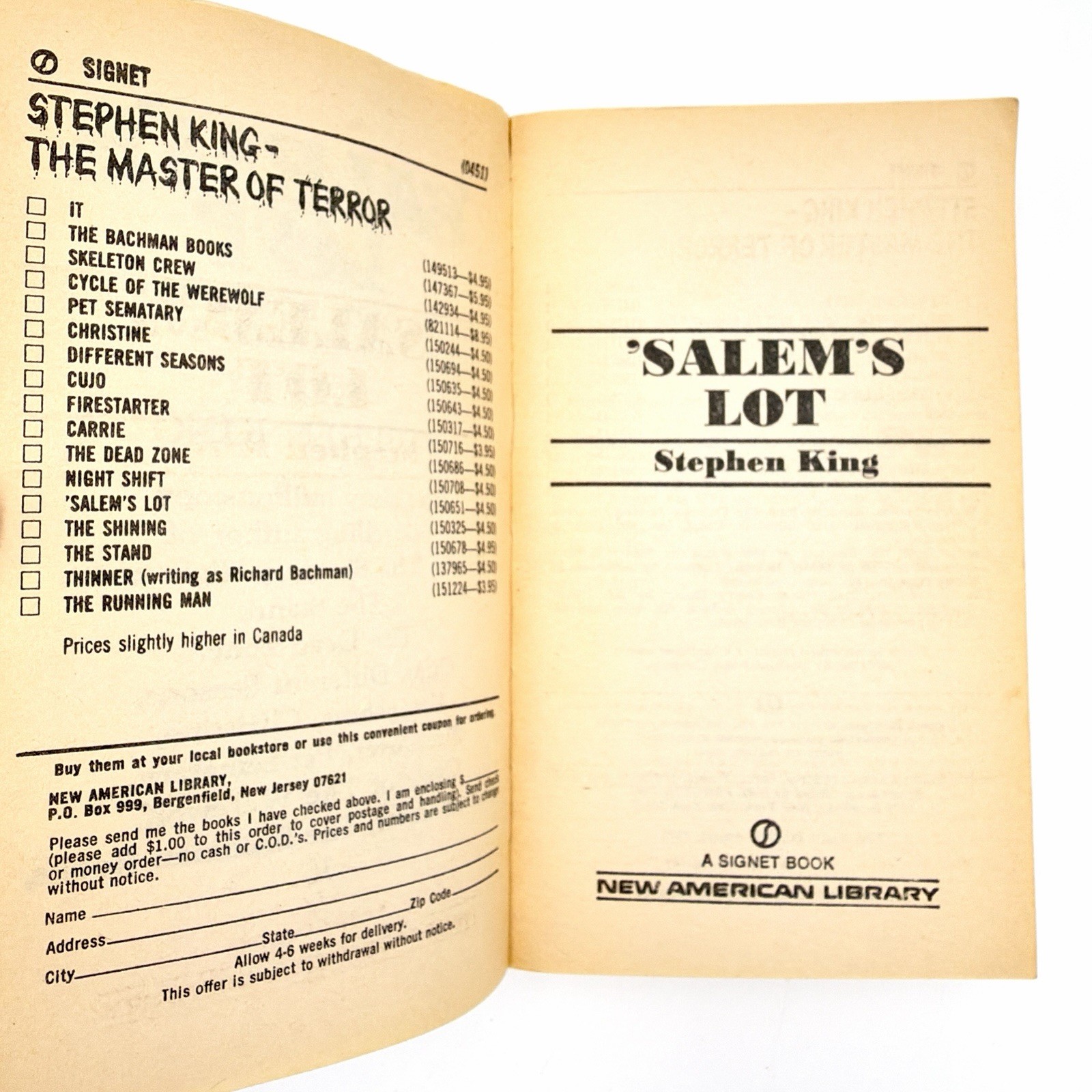 Salem&rsquo;s Lot Stephen King 1976 Signet PB 1st Edition Late Printing Vampire Horror