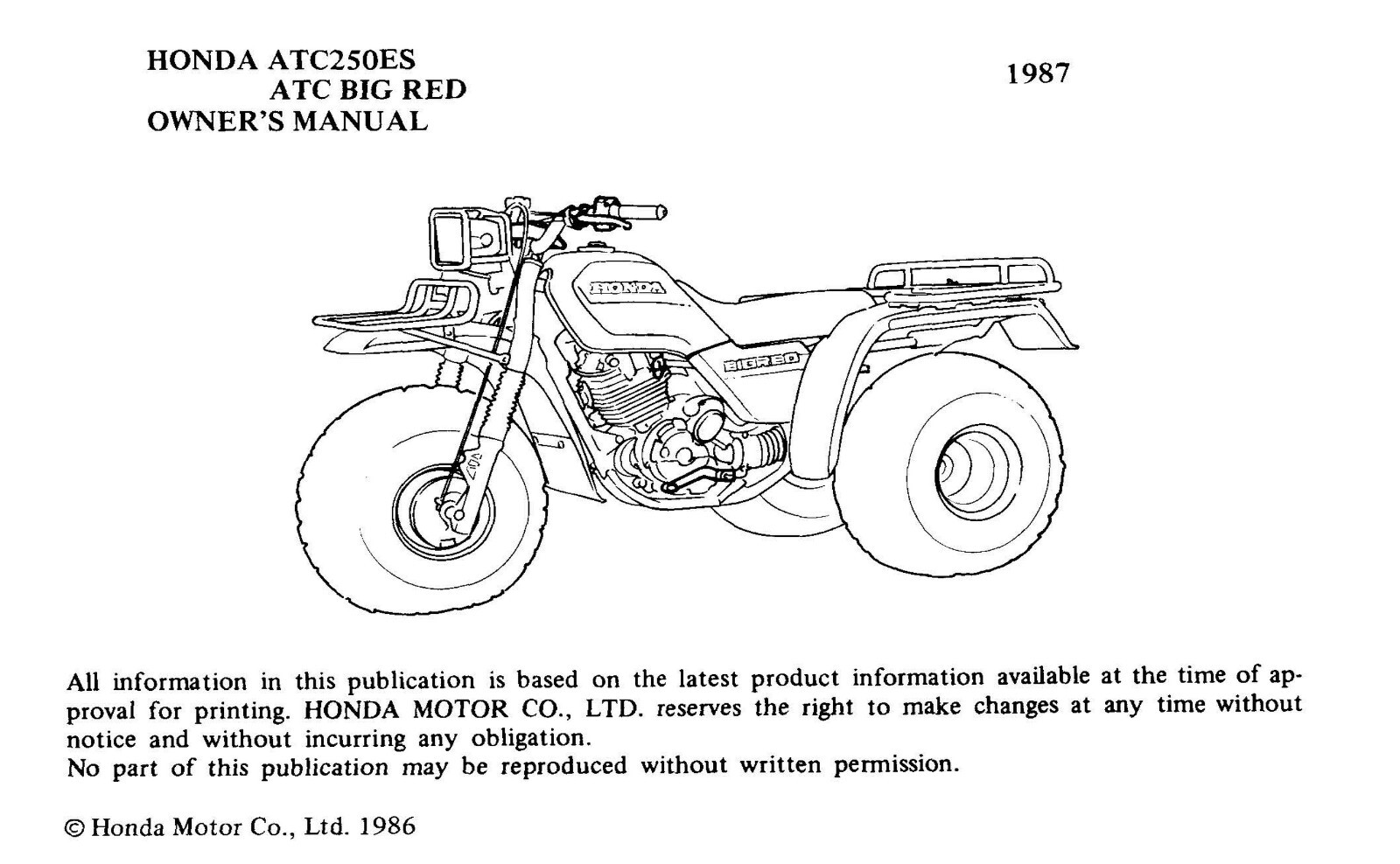 1987 Honda ATC Big Red 250ES Owner&rsquo;s Manual 74 Pages