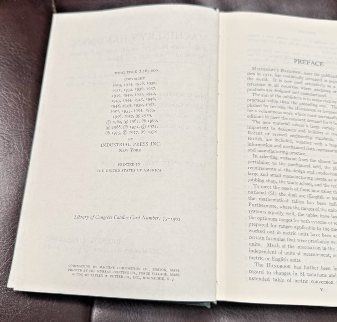 Machinery&rsquo;s Handbook Twentieth Edition; Fifth Printing; 1978; STUDENT EDITION