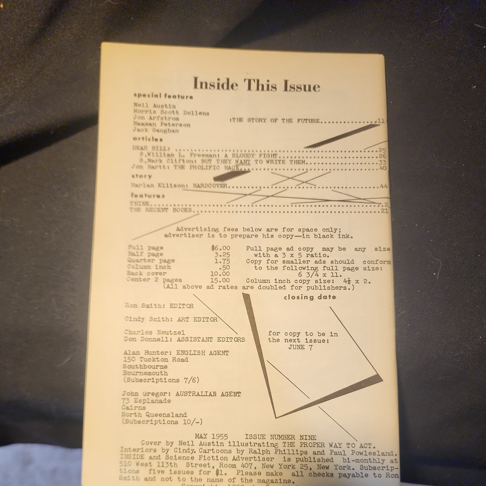 Inside and Science Fiction Advertiser #9 May 1955 « Hardcover » story by Ellison