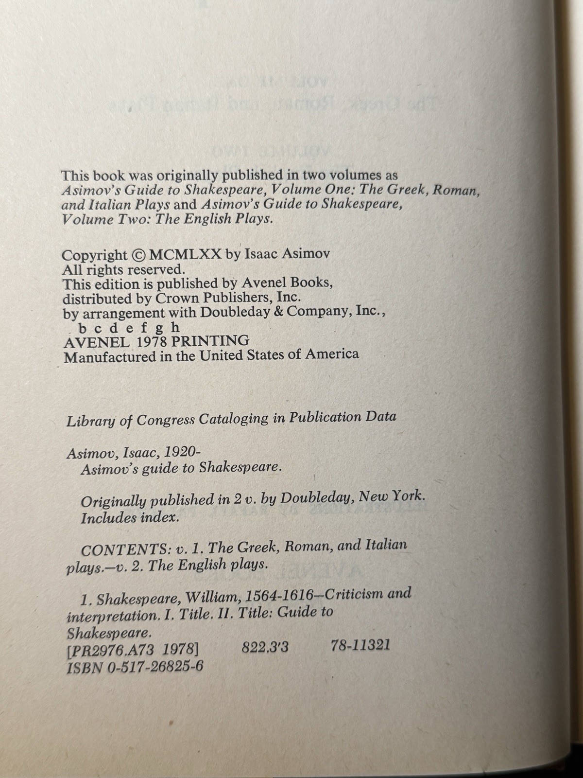 Asimov&rsquo;s Guide to Shakespeare | by Isaac Asimov | HC/DJ | Avenel | 1978 |