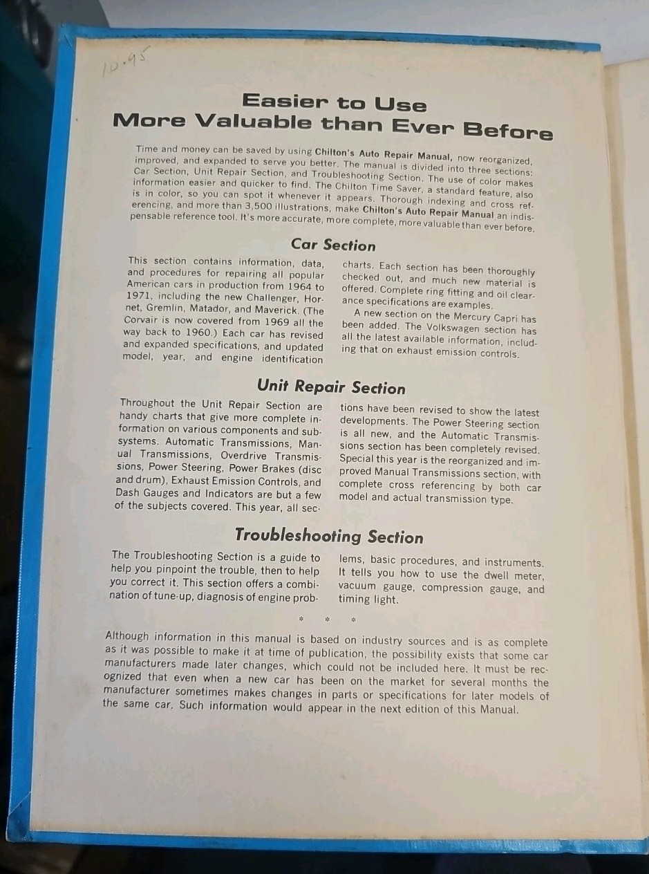 Chilton&rsquo;s Auto Repair Manual 1971 American Cars 1964 to 1971 Hardcover Edition