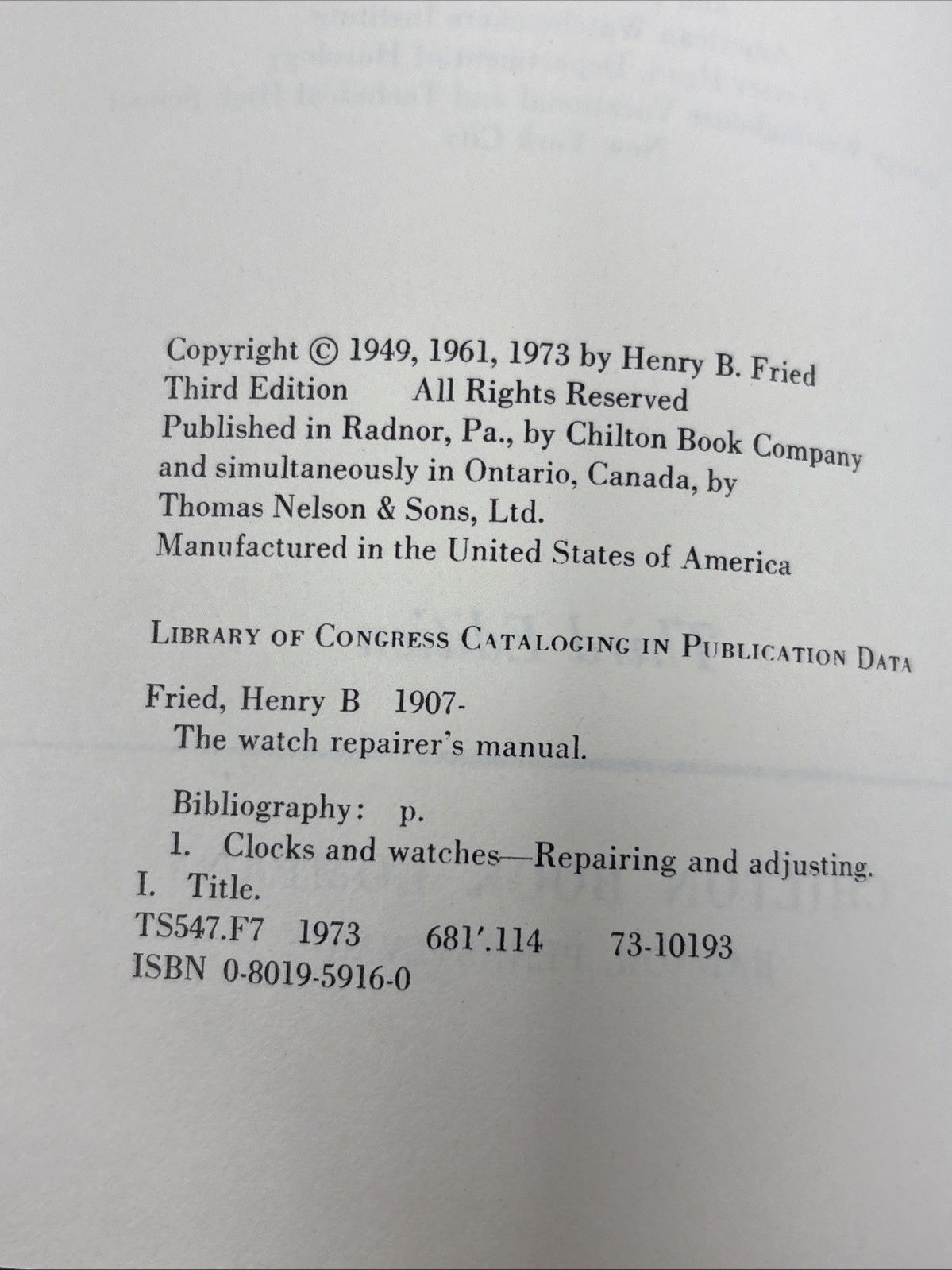 THE WATCH REPAIRER&rsquo;S MANUAL BY HENRY FRIED 1974 THIRD EDITION HC/DJ ILLUSTRATED