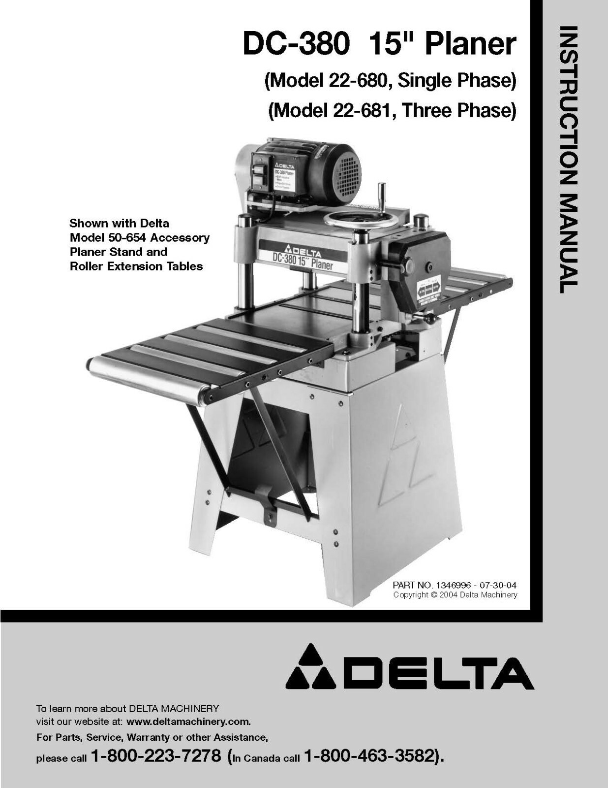 Delta 22-675 DC-380 22-680 22-681 Instruction Manual User Guide For 15&Prime; Planer