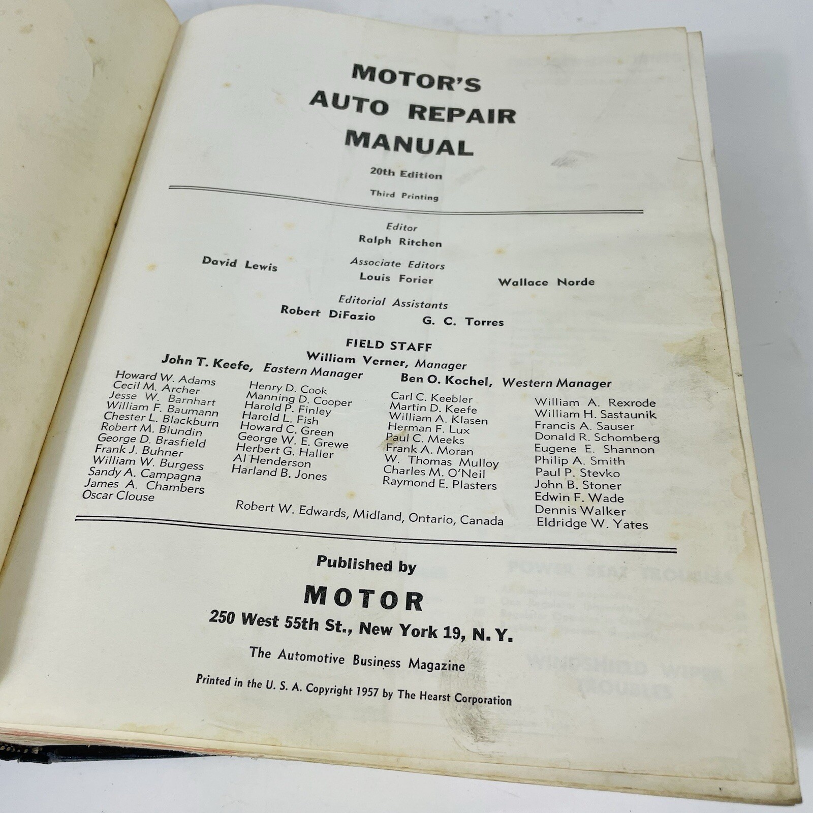 Motor&rsquo;s Auto Repair Manual 20th Edition Third Printing 1957
