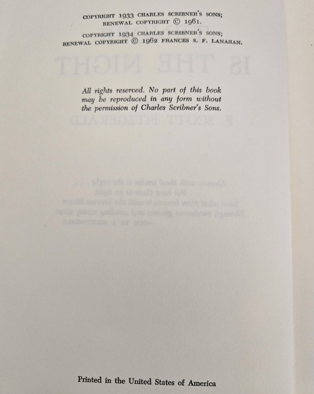 Tender Is the Night by F Scott Fitzgerald HC 1962 Charles Scribner&rsquo;s Sons VTG
