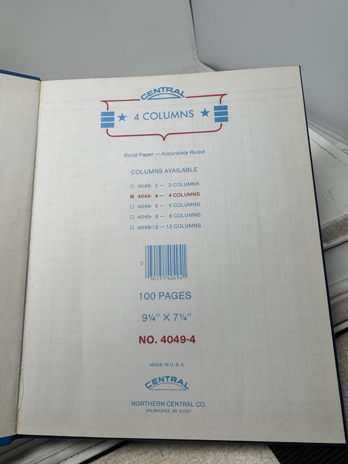 Central Hardcover Blue 4 Column Book 100 Pages 9 1/4” X 7 1/4” Made In USA Log