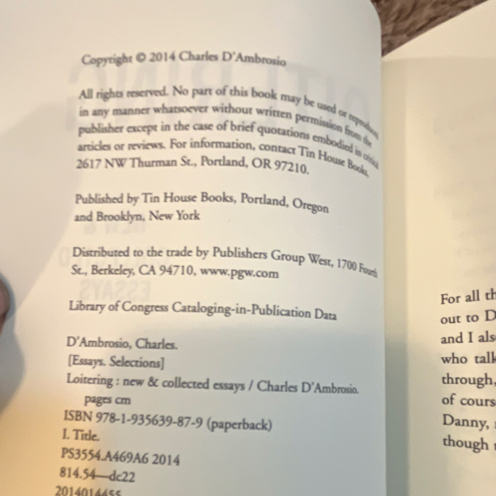 Tin House Books Loitering: New & Collected Essays by Charles D&rsquo;Ambrosio, Trade …
