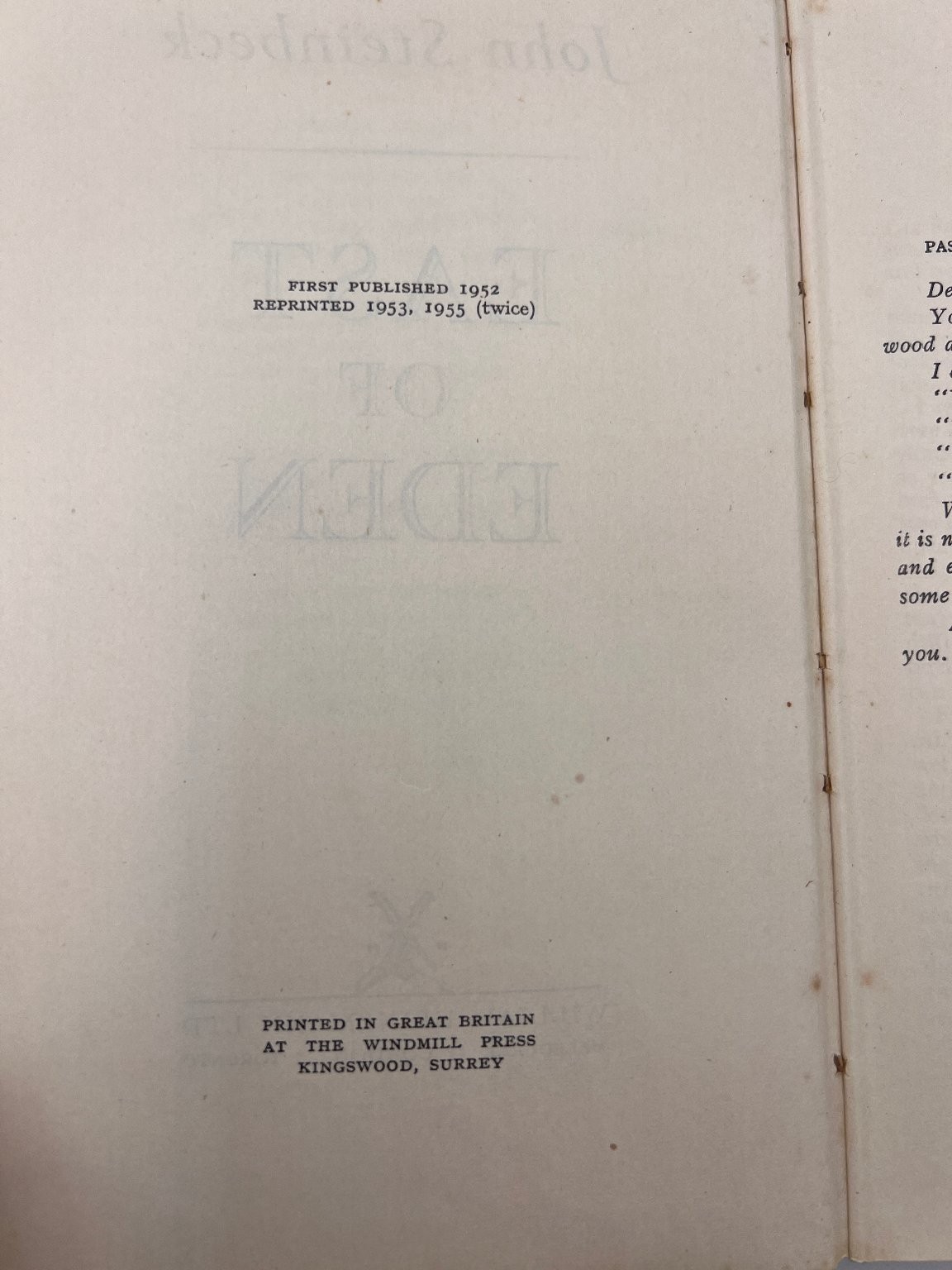 Rare John Steinbeck East of Eden Book William Heinemann Ltd Hardcover Classic