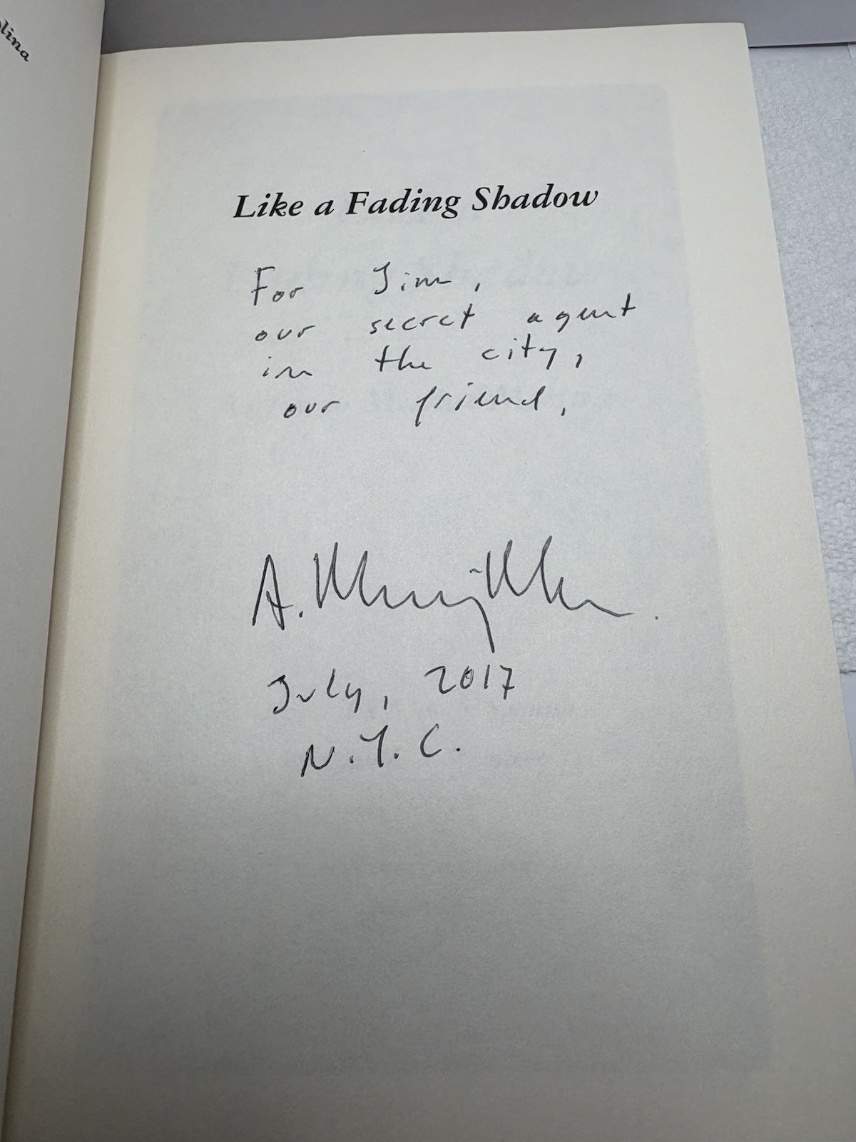 SIGNED Like a Fading Shadow by Antonio Muñoz Molina (1st Ed. 2017 HC)