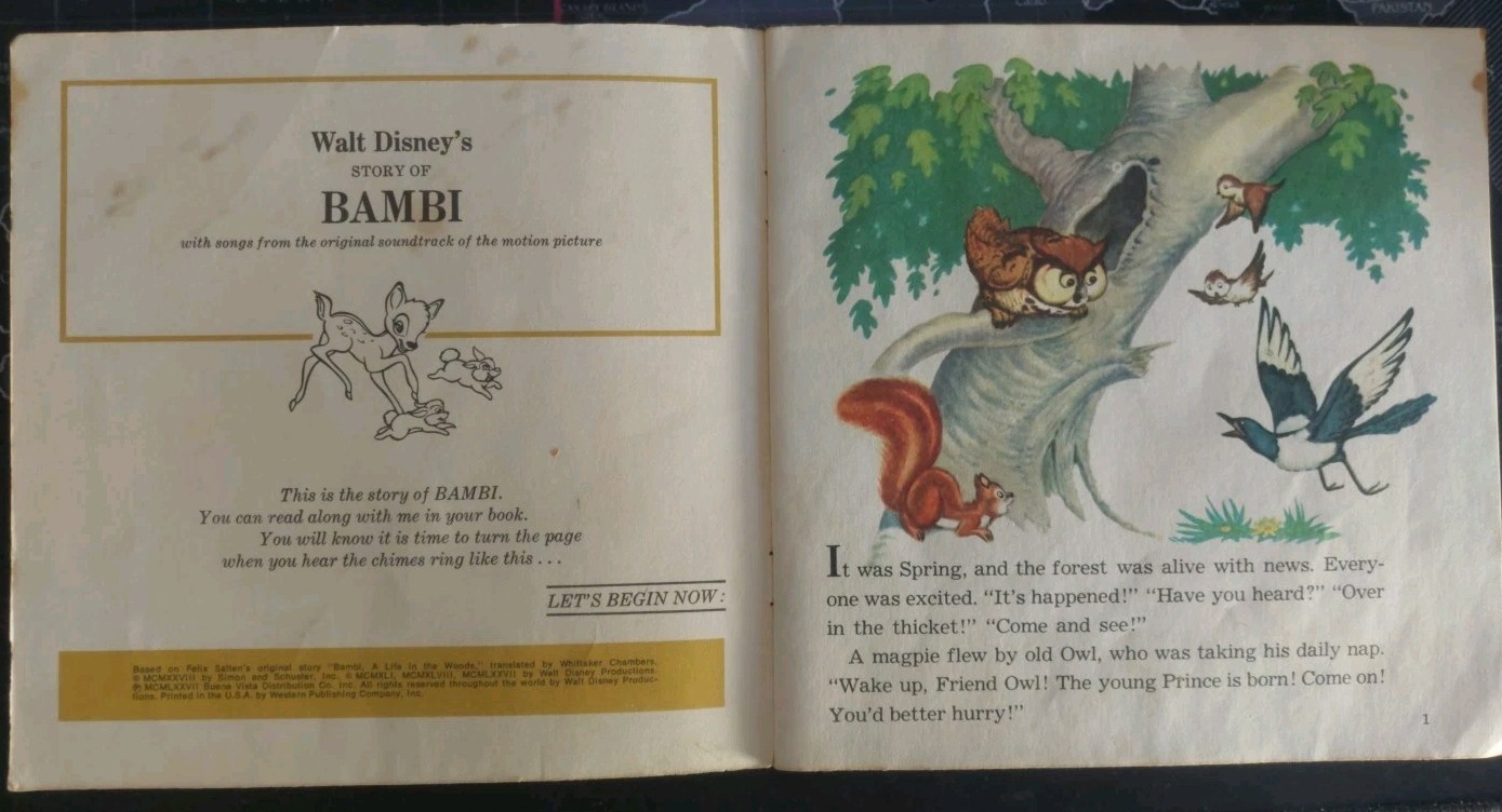 🦌 Walt Disney’s Story of Bambi – 1977 Read-Along Book & Record – #309 – USED