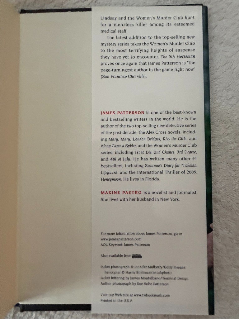 James Patterson, 2nd Chance; 5th Horseman; Alert; Sunday&rsquo;s at Tiffany&rsquo;s
