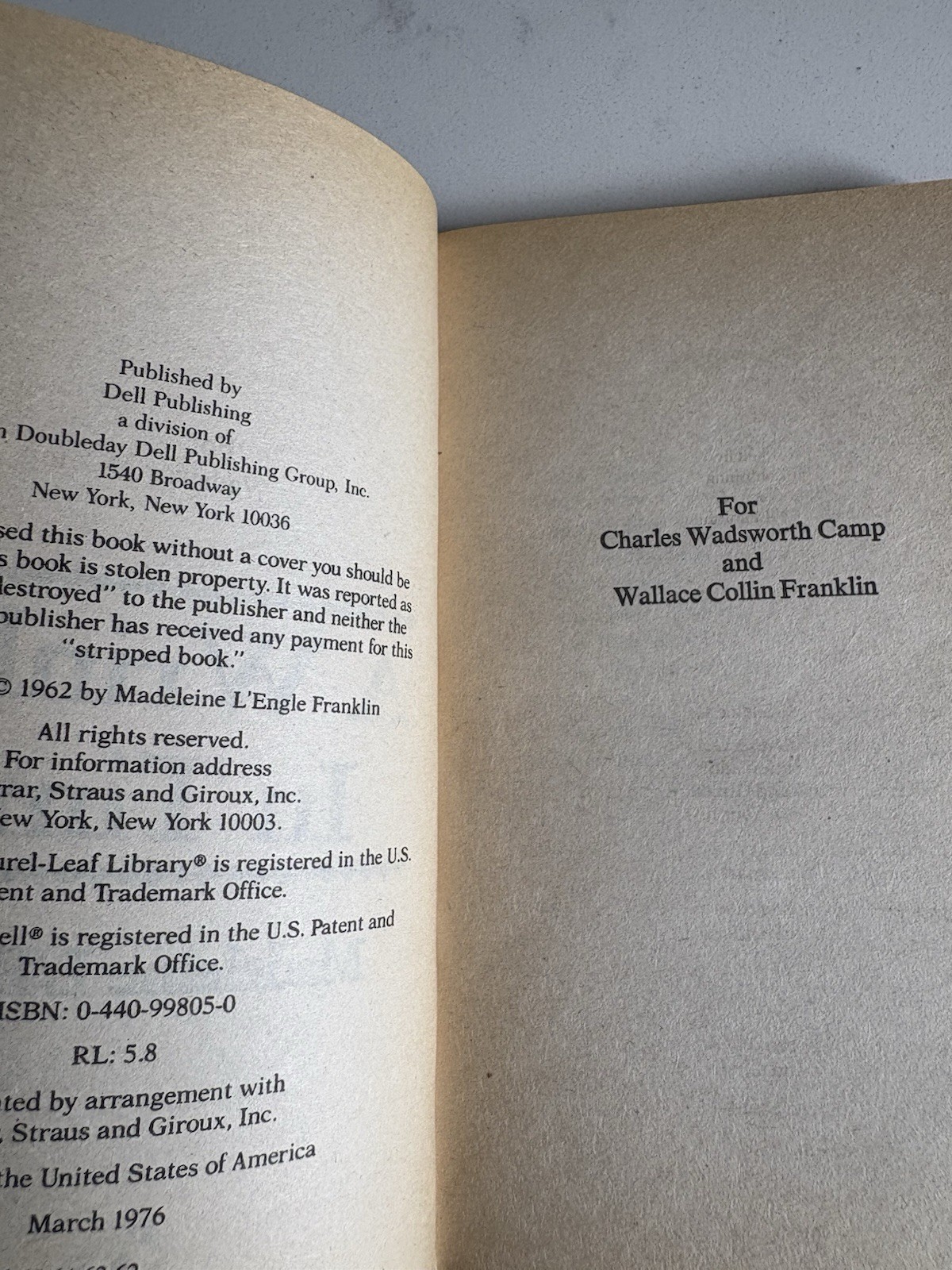 Madeleine L&rsquo;Engle A Wrinkle in Time Paperback Dell Publishing Fantasy 1976