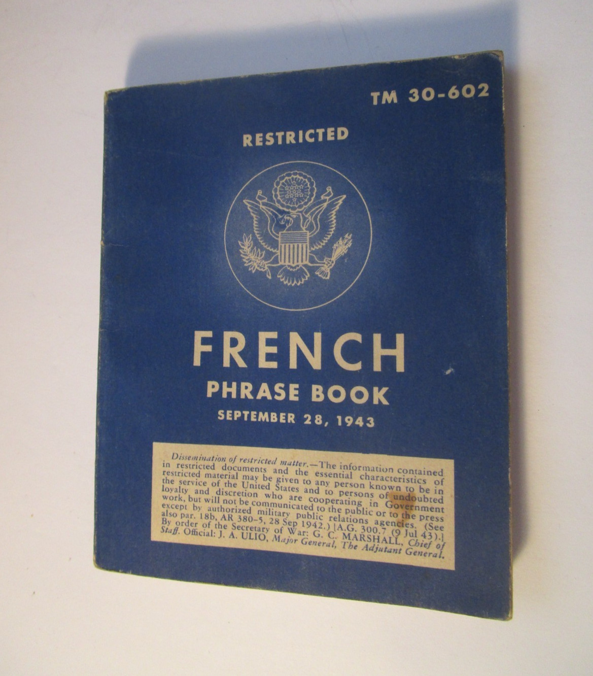 WWII French Phrase Book Sept 28, 1943 Restricted TM 30-602