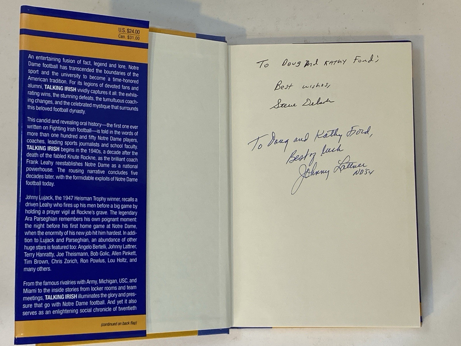 SIGNED by Johnny Lattner! Talking Irish: Notre Dame Football by Steve Delsohn